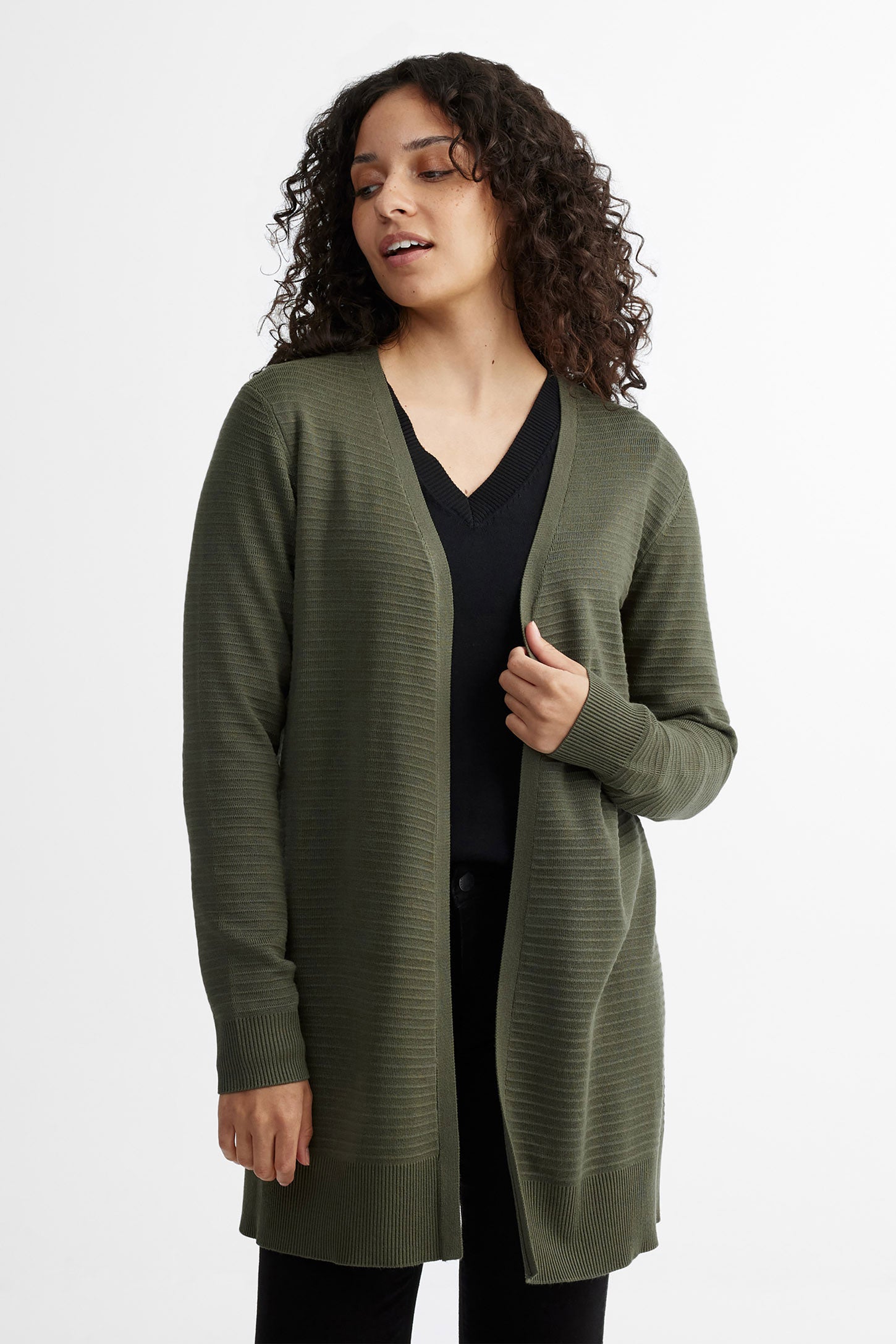 Cardigan long tricot Ottoman - Femme && KAKI