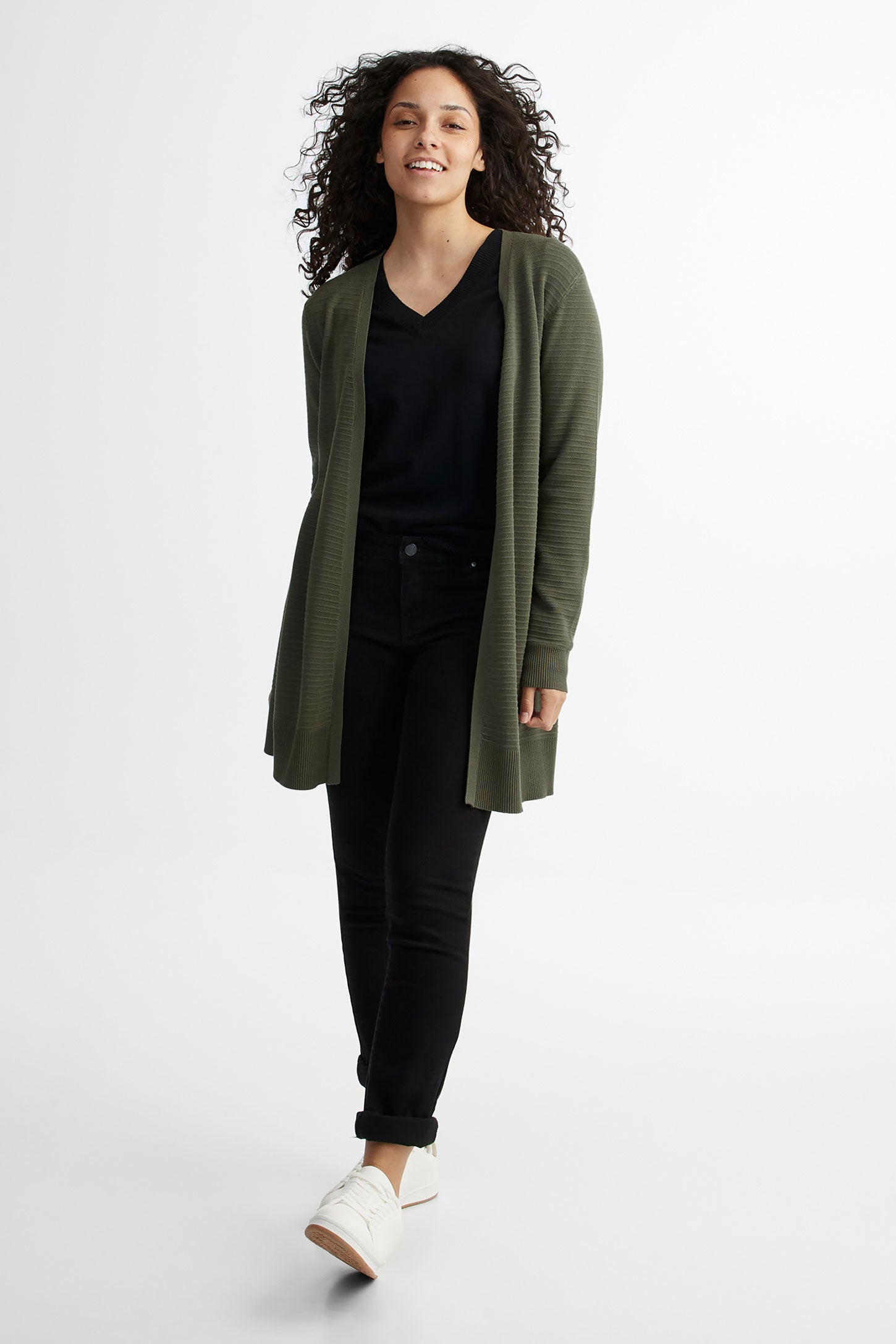 Cardigan long tricot Ottoman - Femme && KAKI