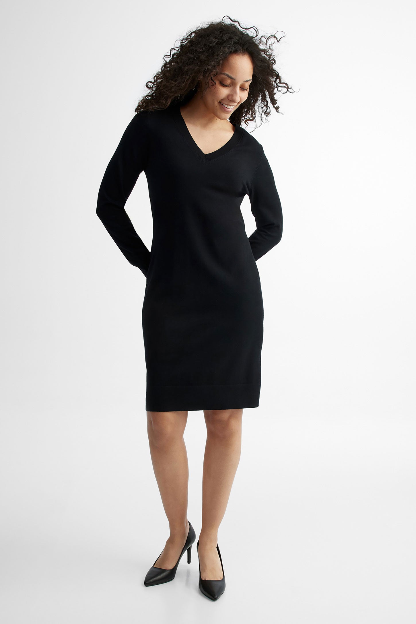Robe col en V coupe semi-ajustée - Femme && NOIR