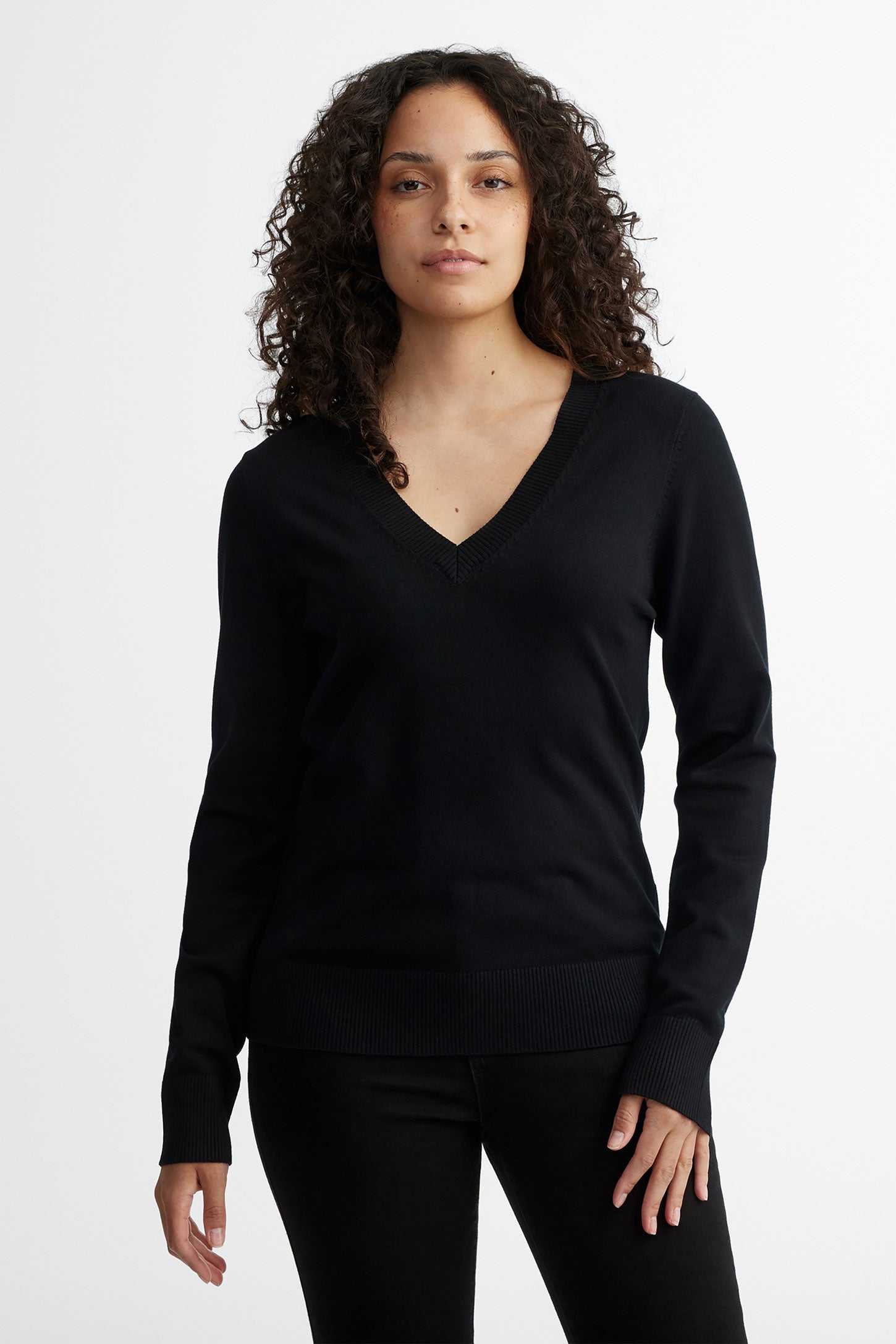 Chandail tricot col en V - Femme && NOIR