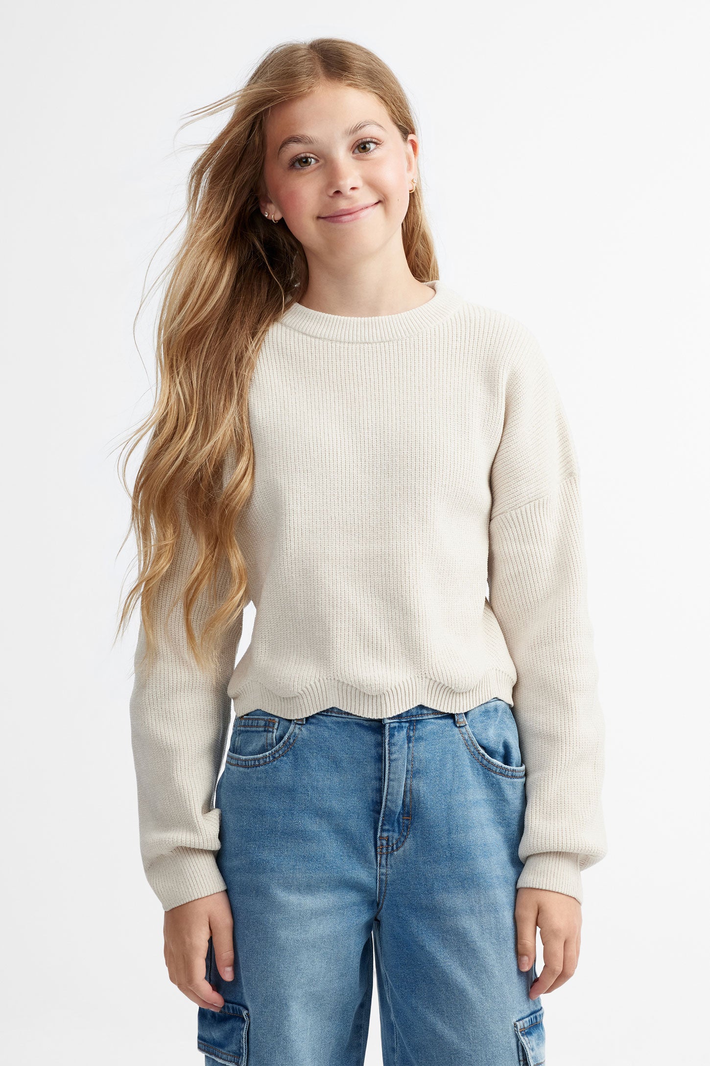 Chandail col rond en tricot chenille - Ado fille && BRUN MIXTE