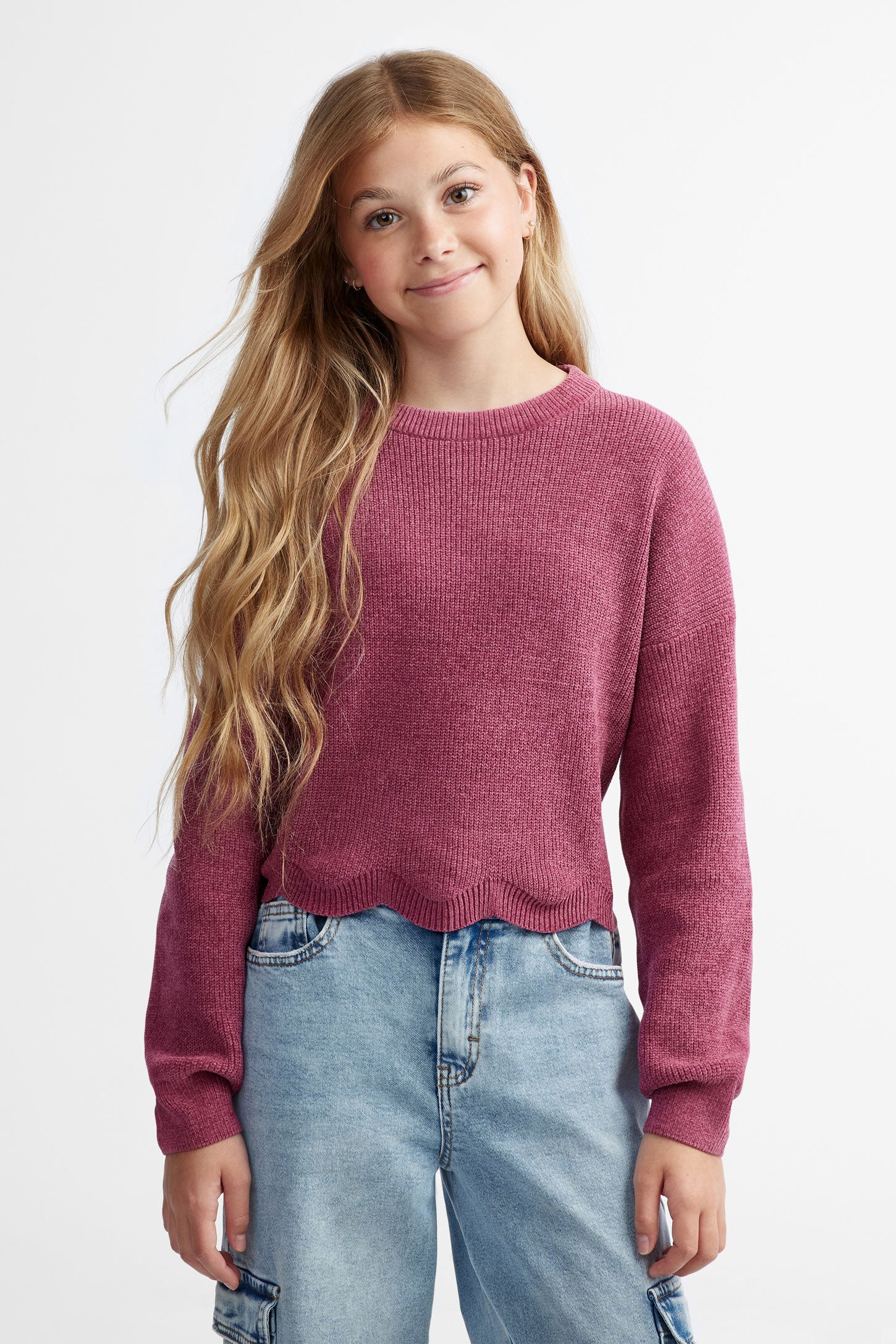Chandail col rond en tricot chenille - Ado fille && BOURGOGNE