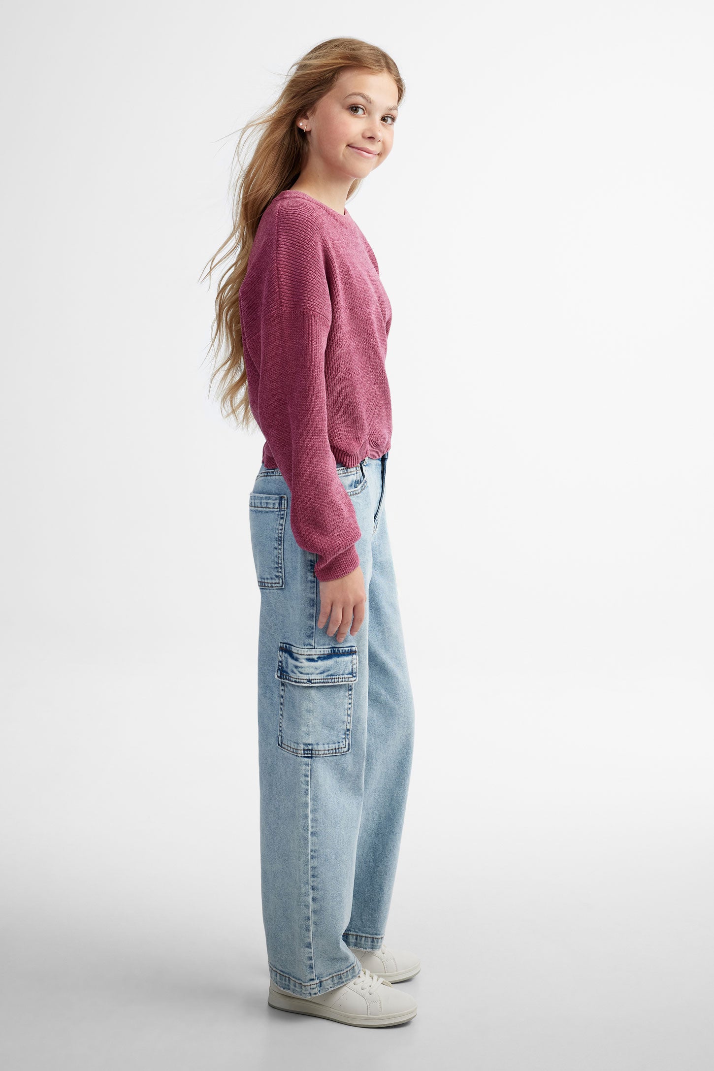 Chandail col rond en tricot chenille - Ado fille && BOURGOGNE