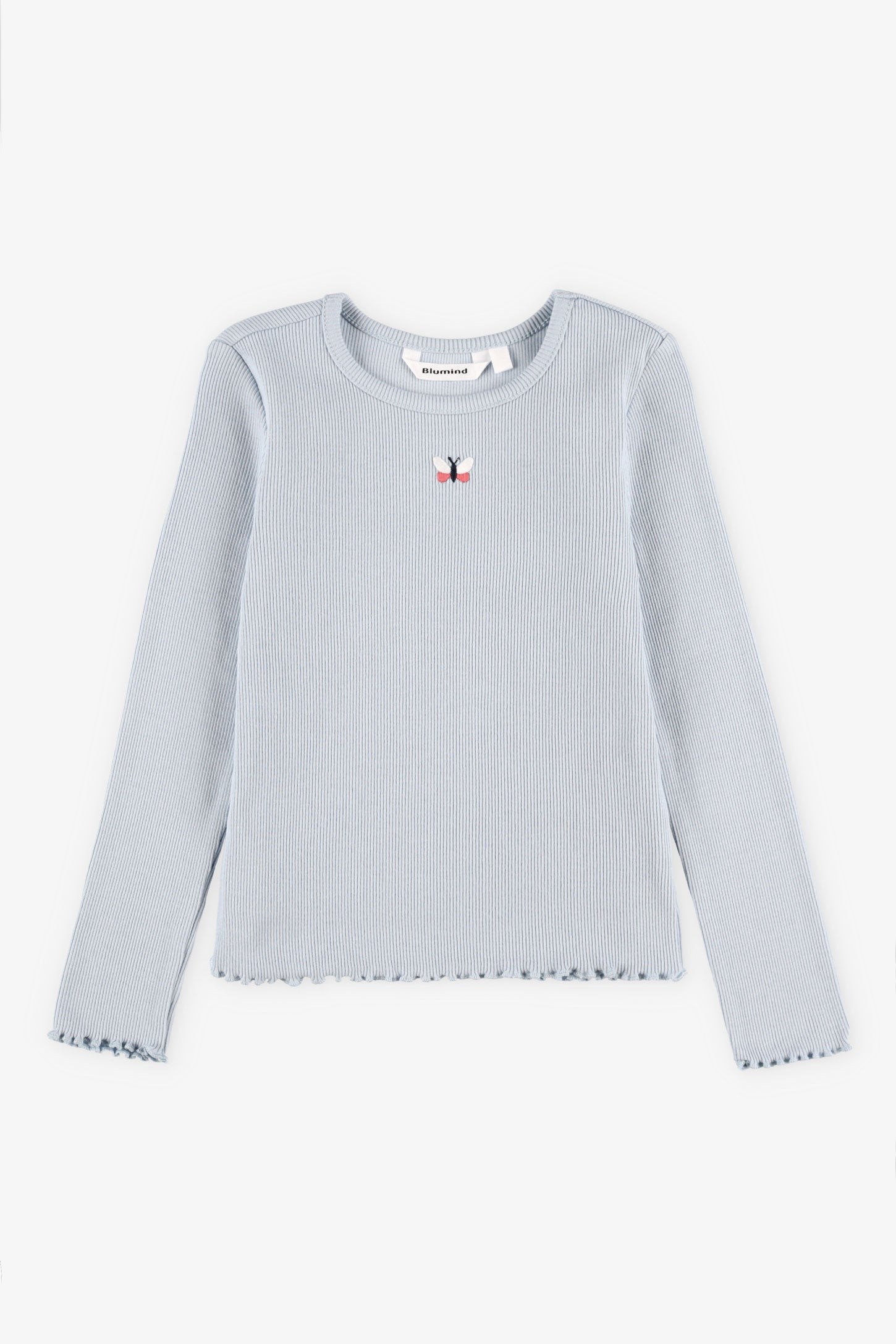 Chandail col rond finitions laitue en coton - Enfant fille && BLEU