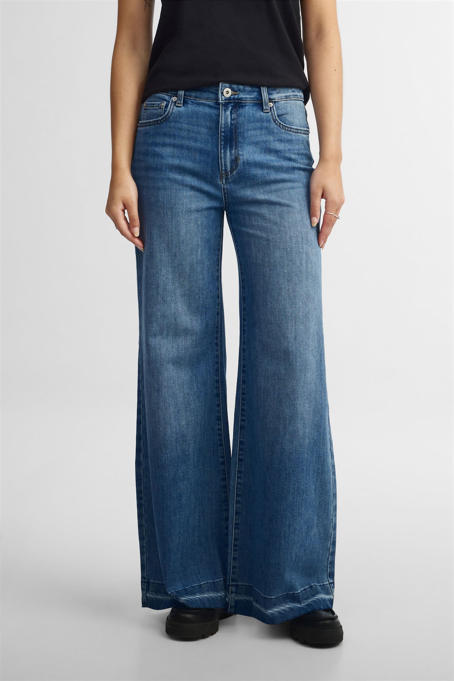Jeans taille haute jambe large - Femme && DENIM MOYEN