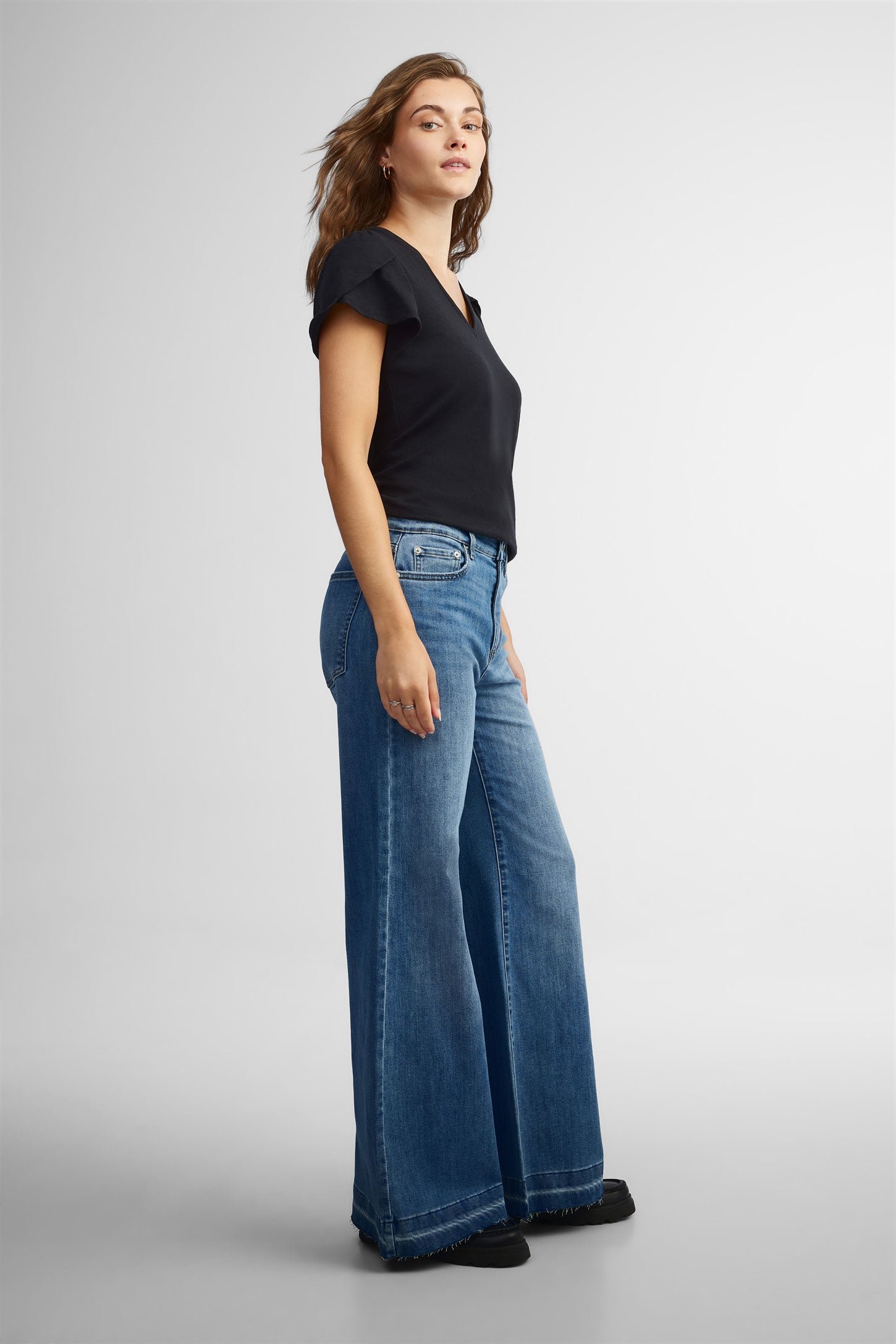 Jeans taille haute jambe large - Femme && DENIM MOYEN