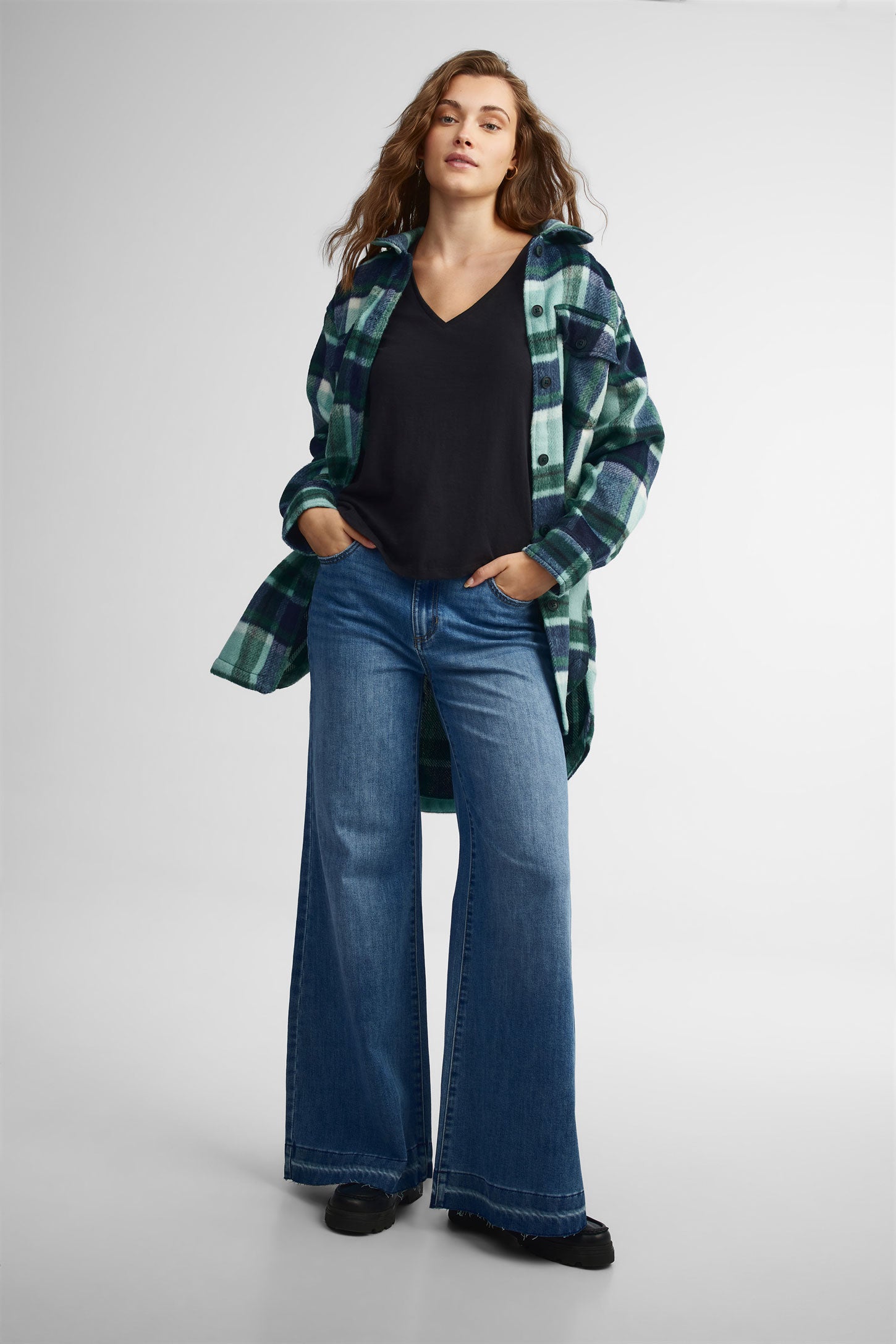 Jeans taille haute jambe large - Femme && DENIM MOYEN