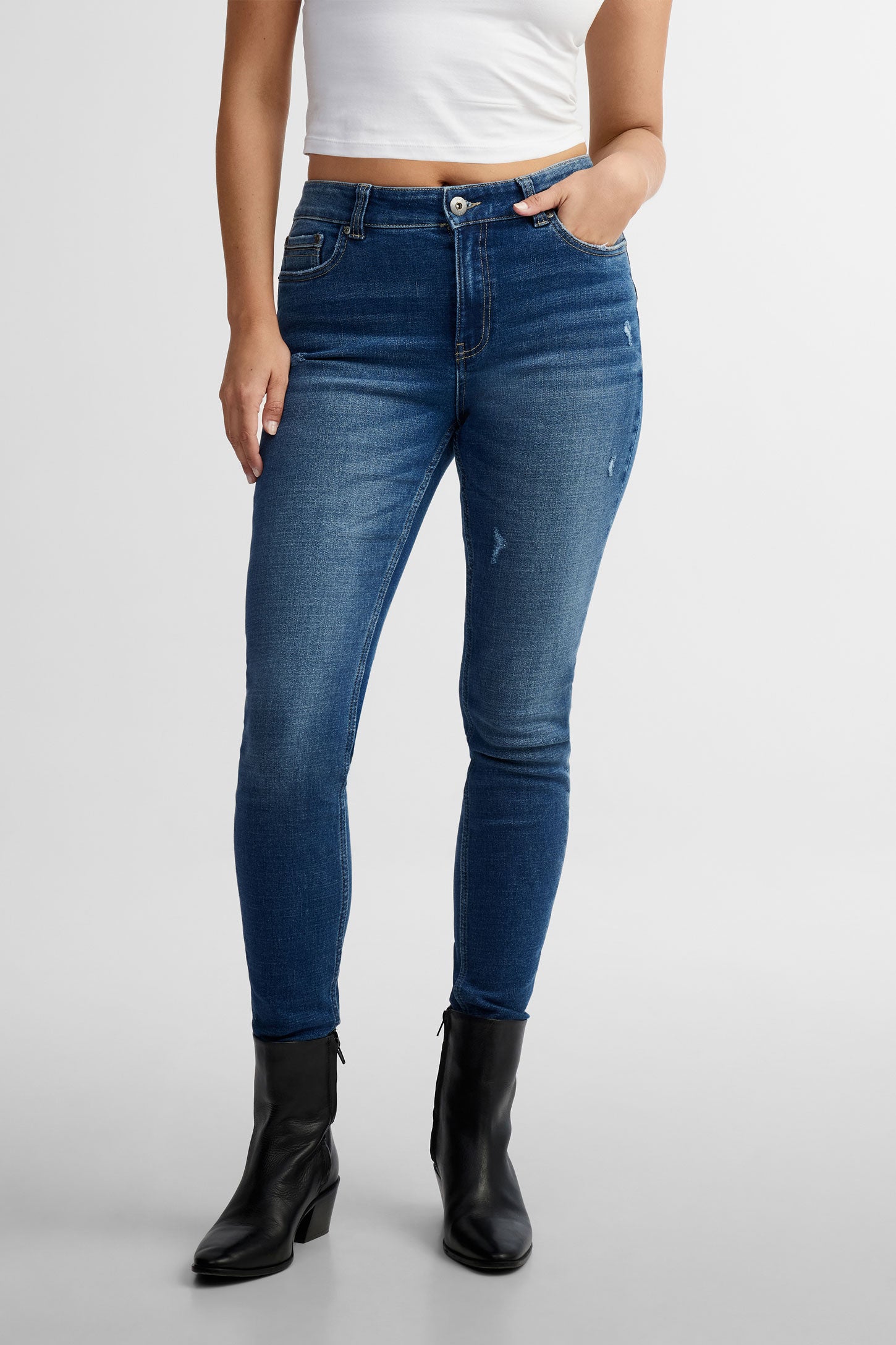 Jeans taille basse coupe ajustée - Femme && DENIM MOYEN