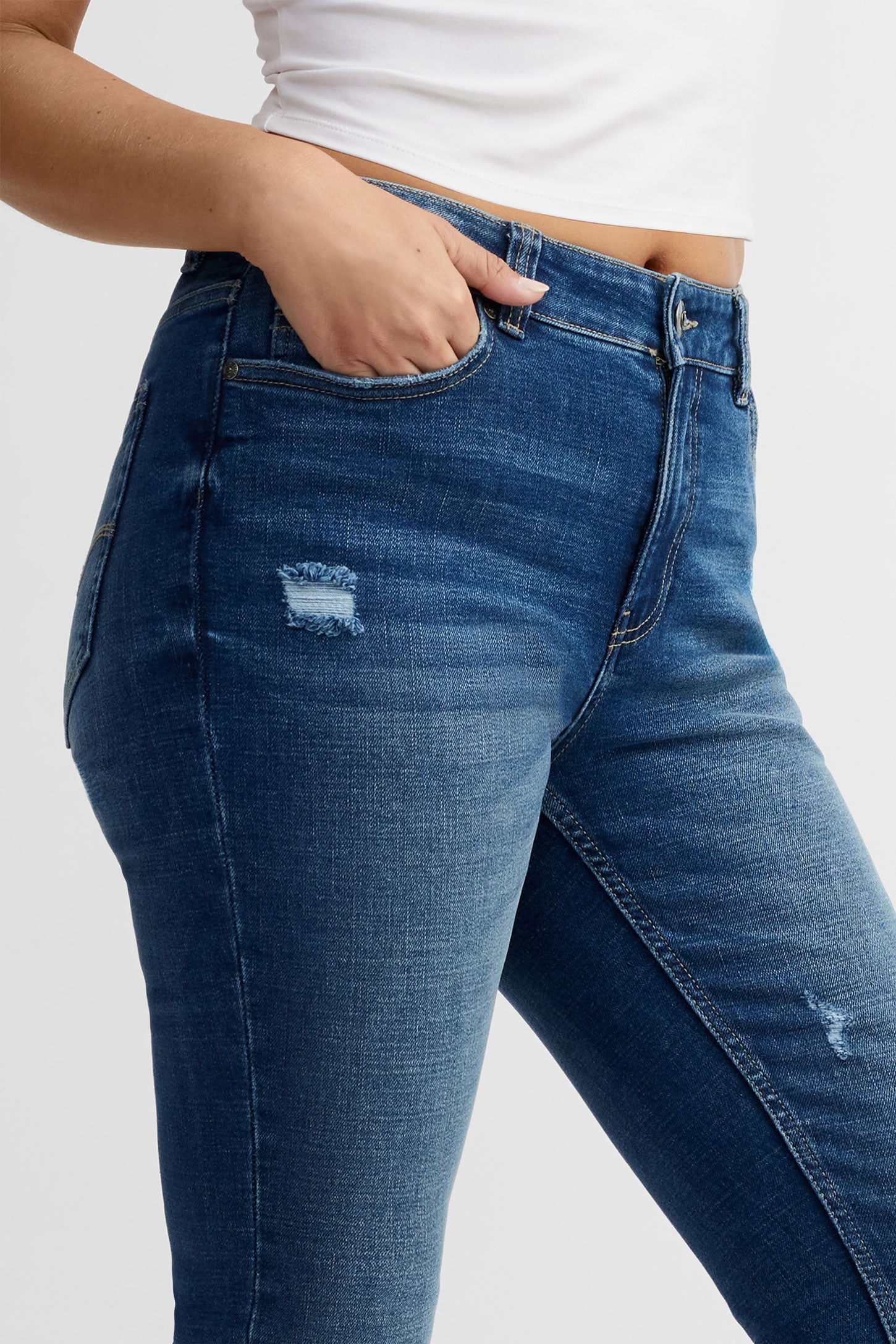 Jeans taille basse coupe ajustée - Femme && DENIM MOYEN
