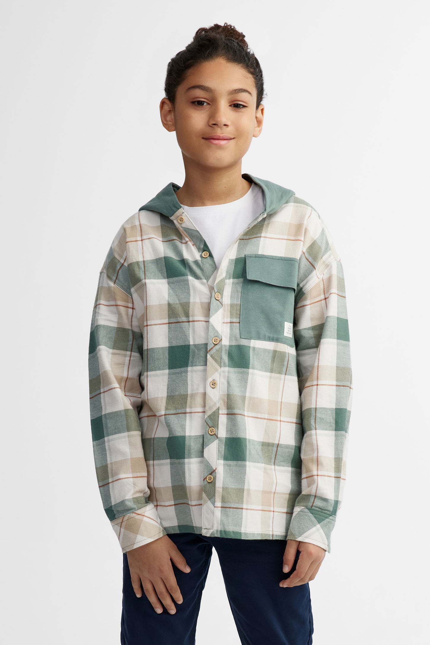 Chemise à capuchon à carreaux en coton - Ado garçon && VERT/MULTI
