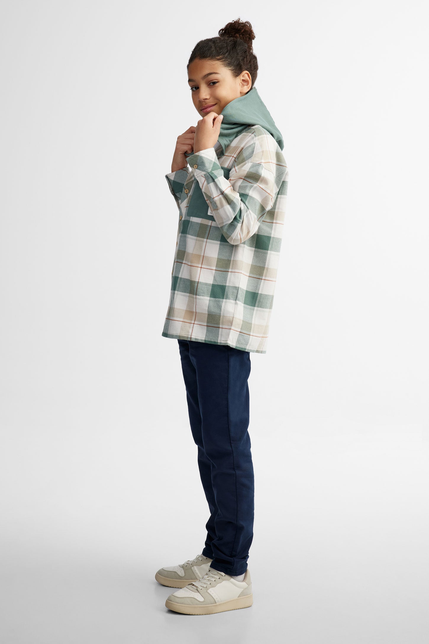 Chemise à capuchon à carreaux en coton - Ado garçon && VERT/MULTI