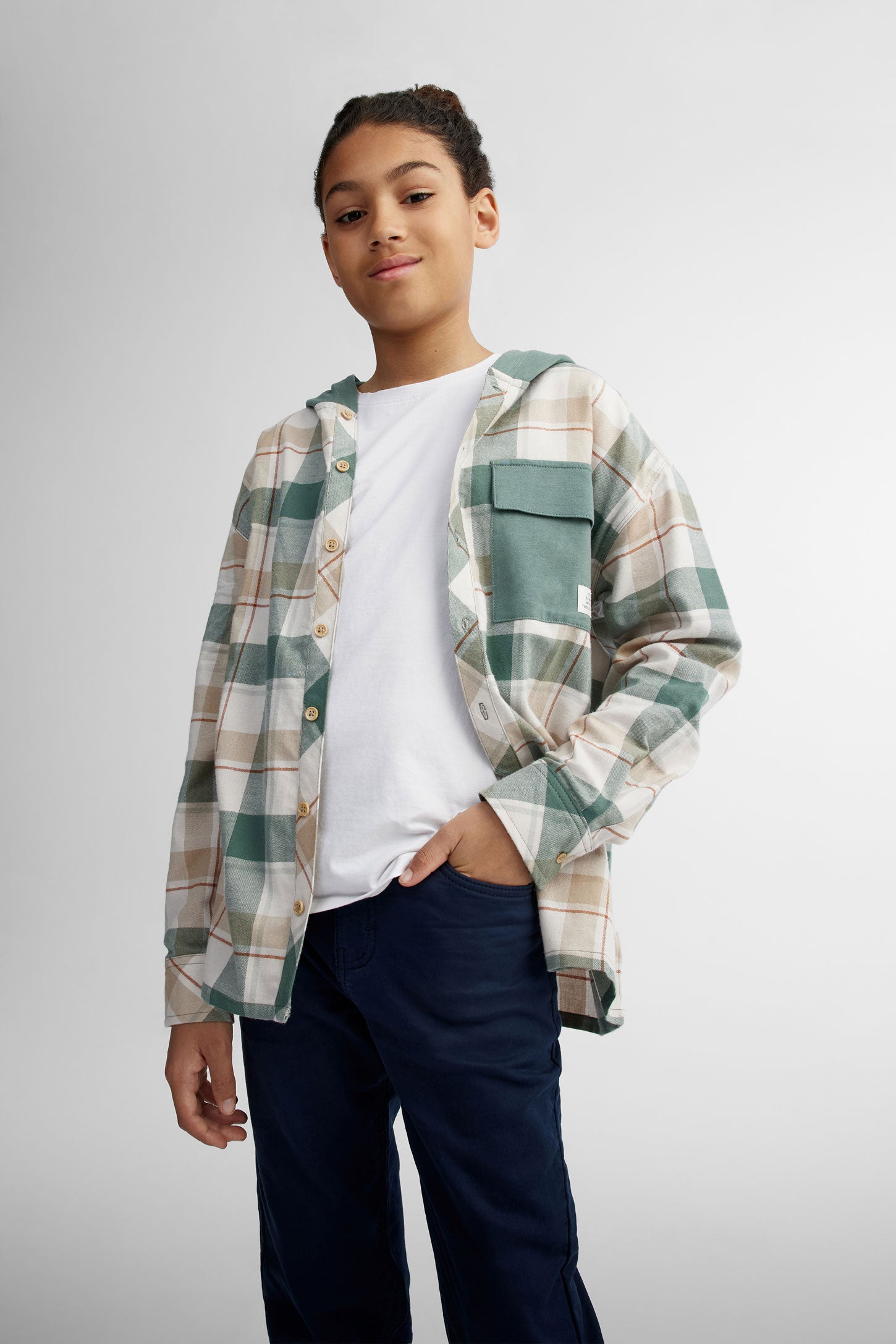 Chemise à capuchon à carreaux en coton - Ado garçon && VERT/MULTI