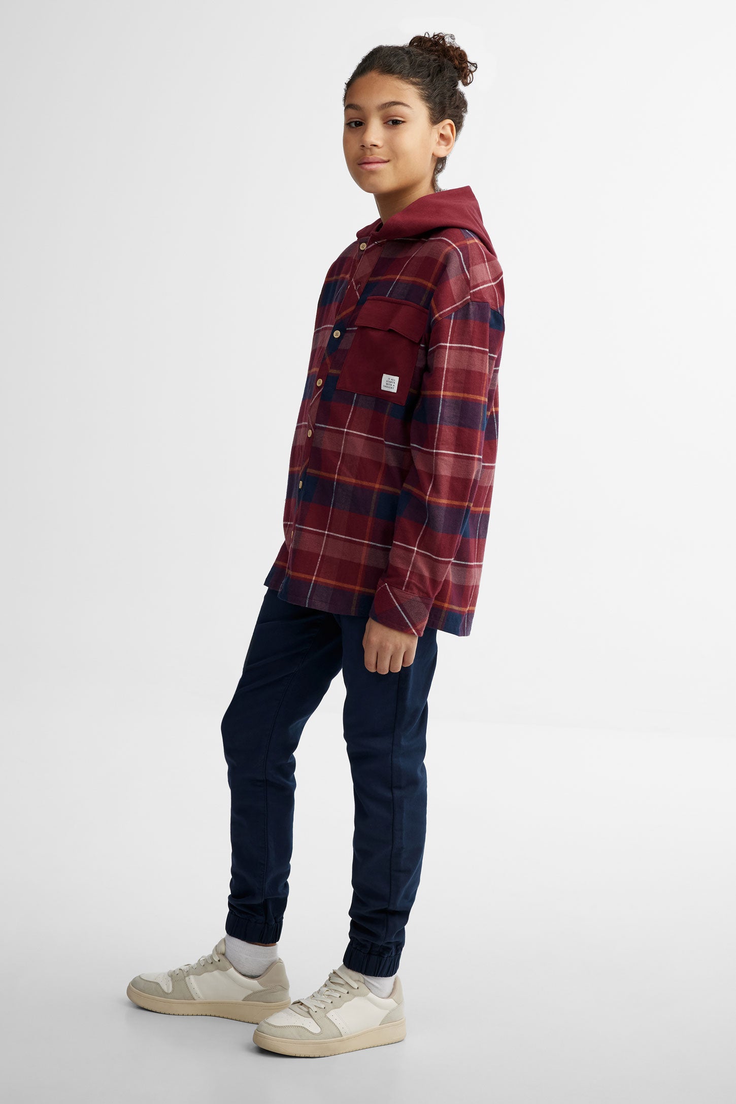 Chemise à capuchon à carreaux en coton - Ado garçon && BOURGOGNE MULTI