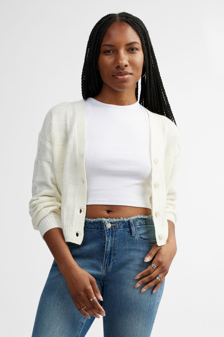 Cardigan en tricot motif carreaux - Femme && BLANC