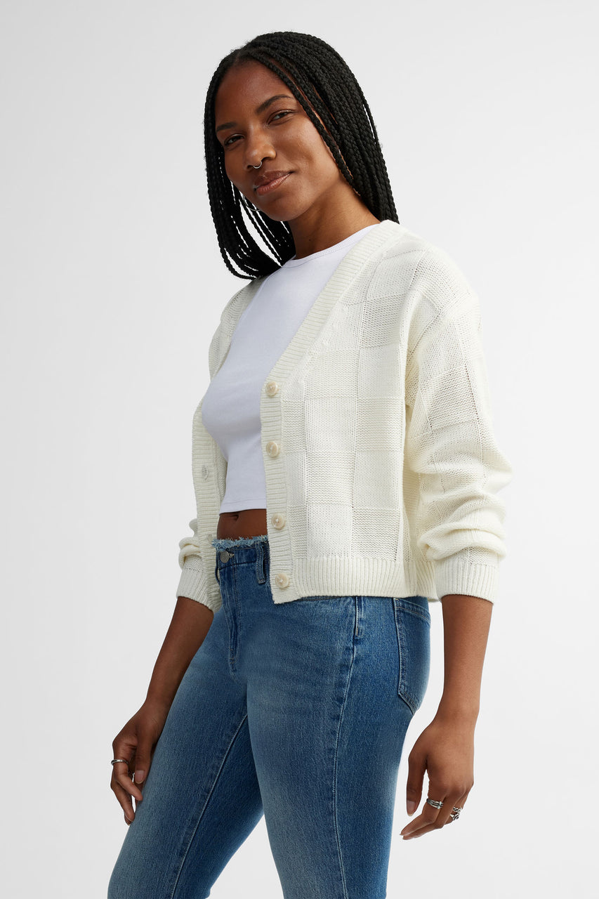 Cardigan en tricot motif carreaux - Femme && BLANC