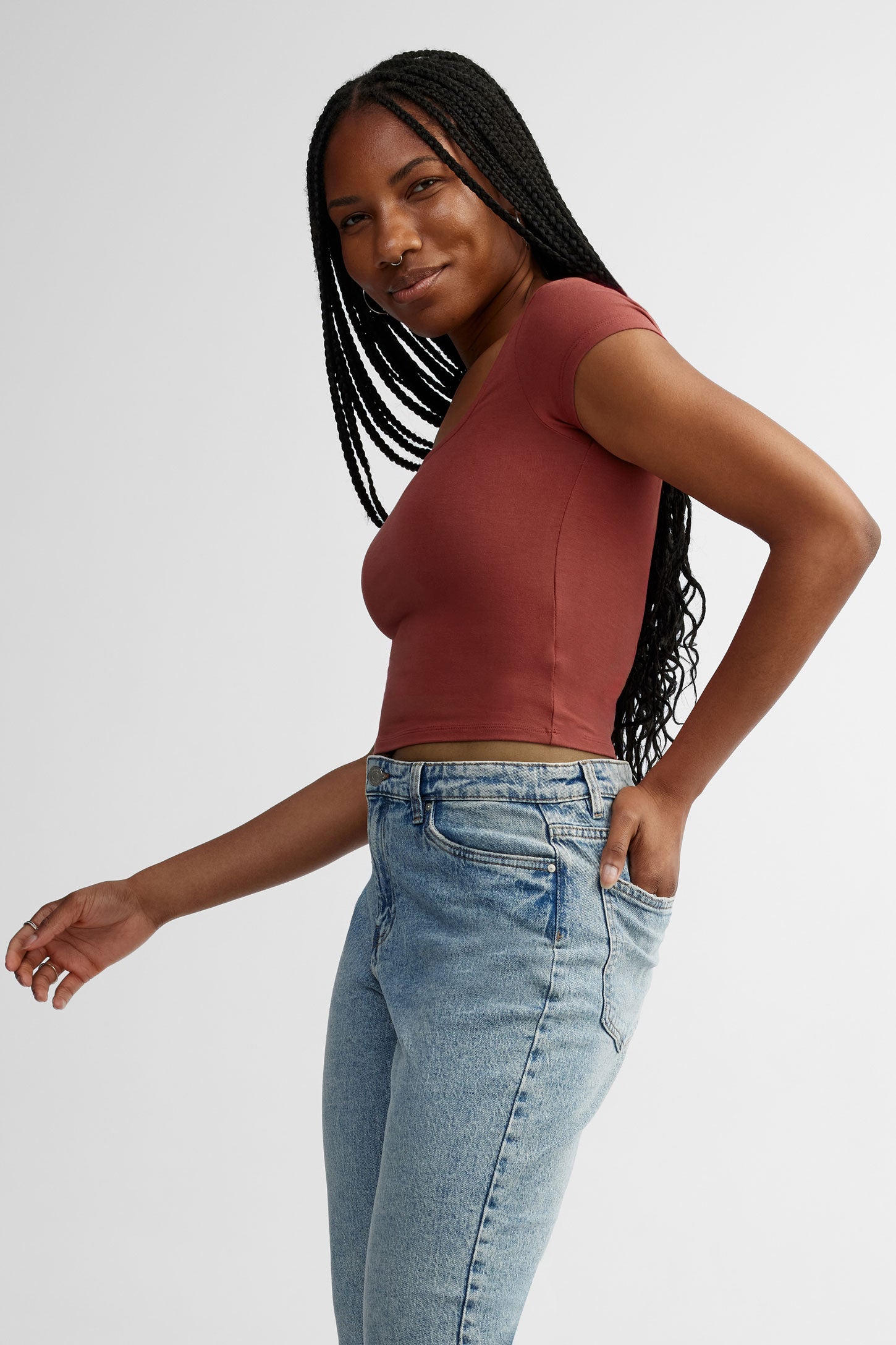 T-shirt côtelé col carrée en coton - Femme && ROUGE
