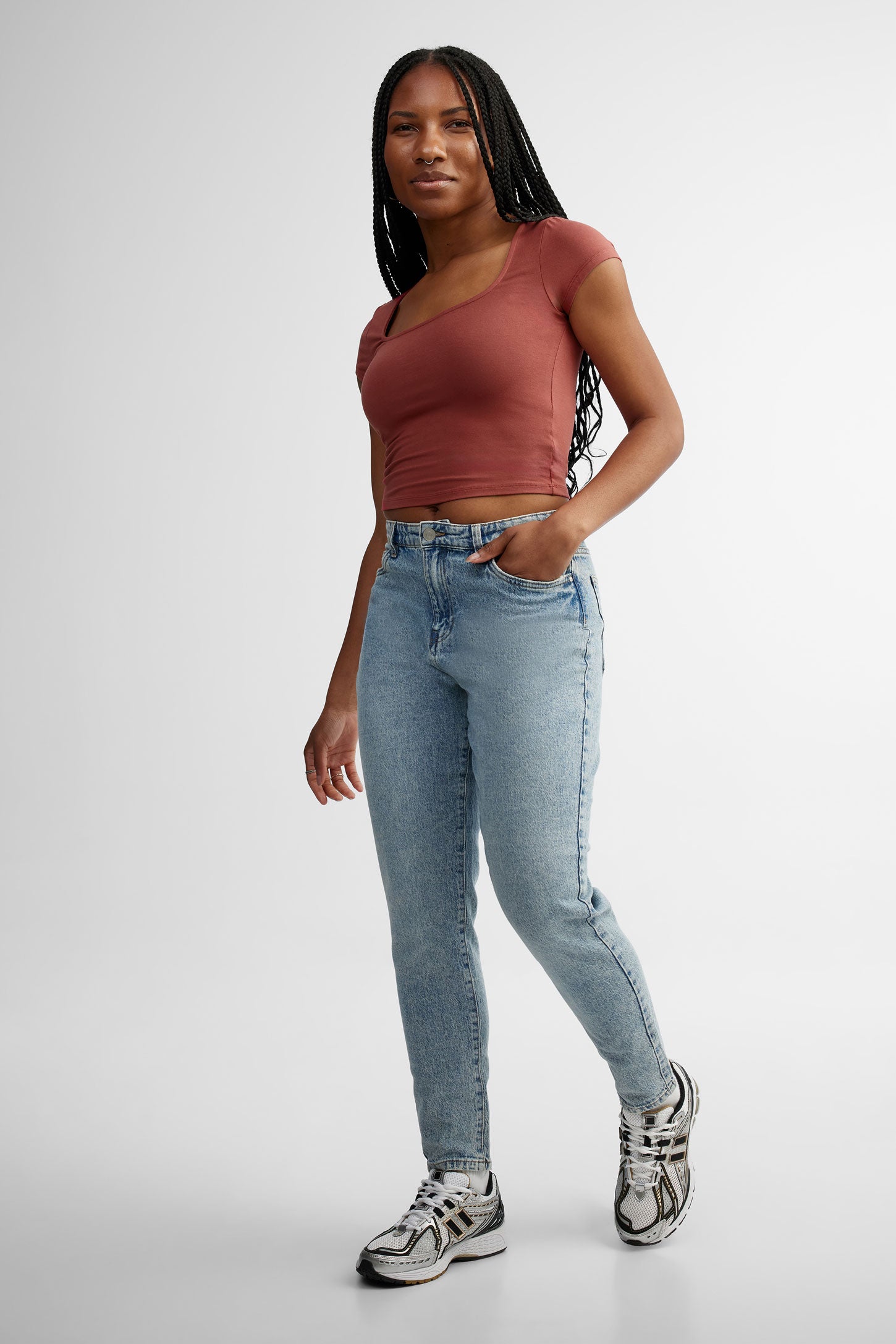 T-shirt côtelé col carrée en coton - Femme && ROUGE