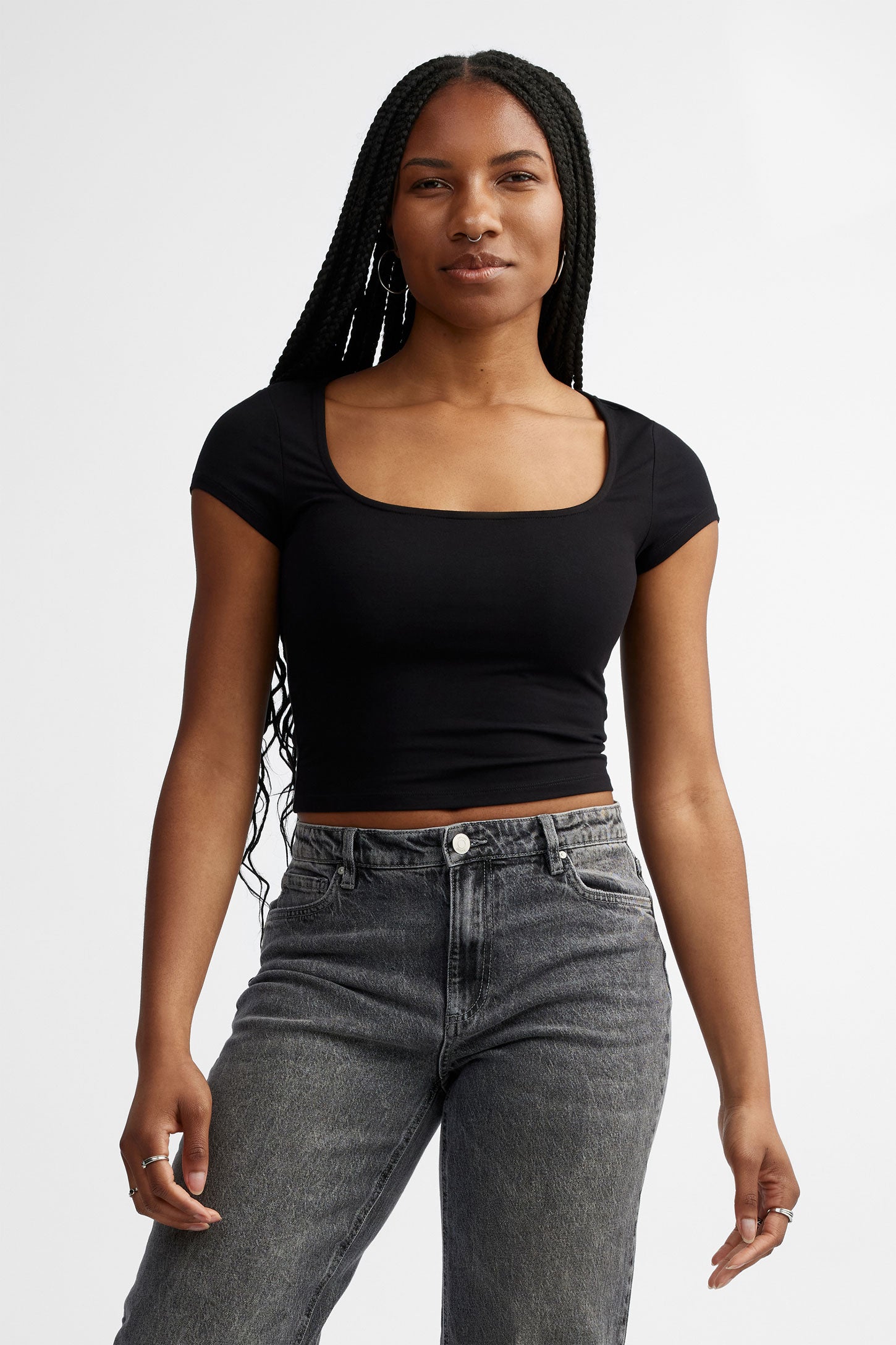 T-shirt côtelé col carrée en coton - Femme && NOIR