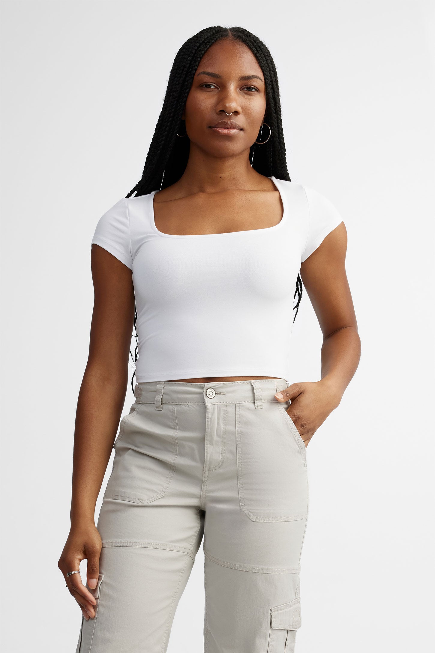 T-shirt côtelé col carrée en coton - Femme && BLANC