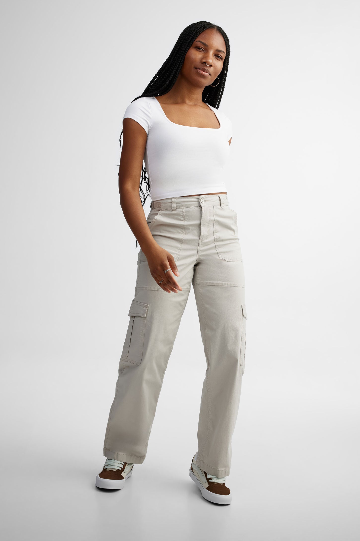 T-shirt côtelé col carrée en coton - Femme && BLANC