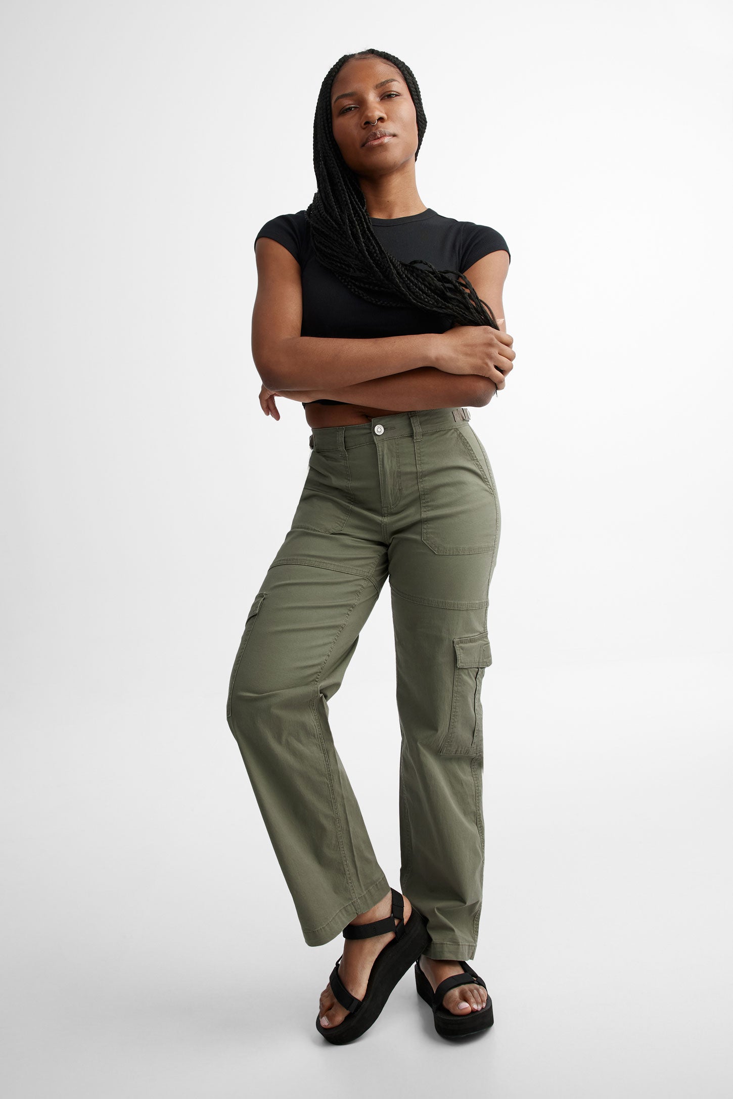 High-waisted adjustable twill cargo pants Women – Aubainerie