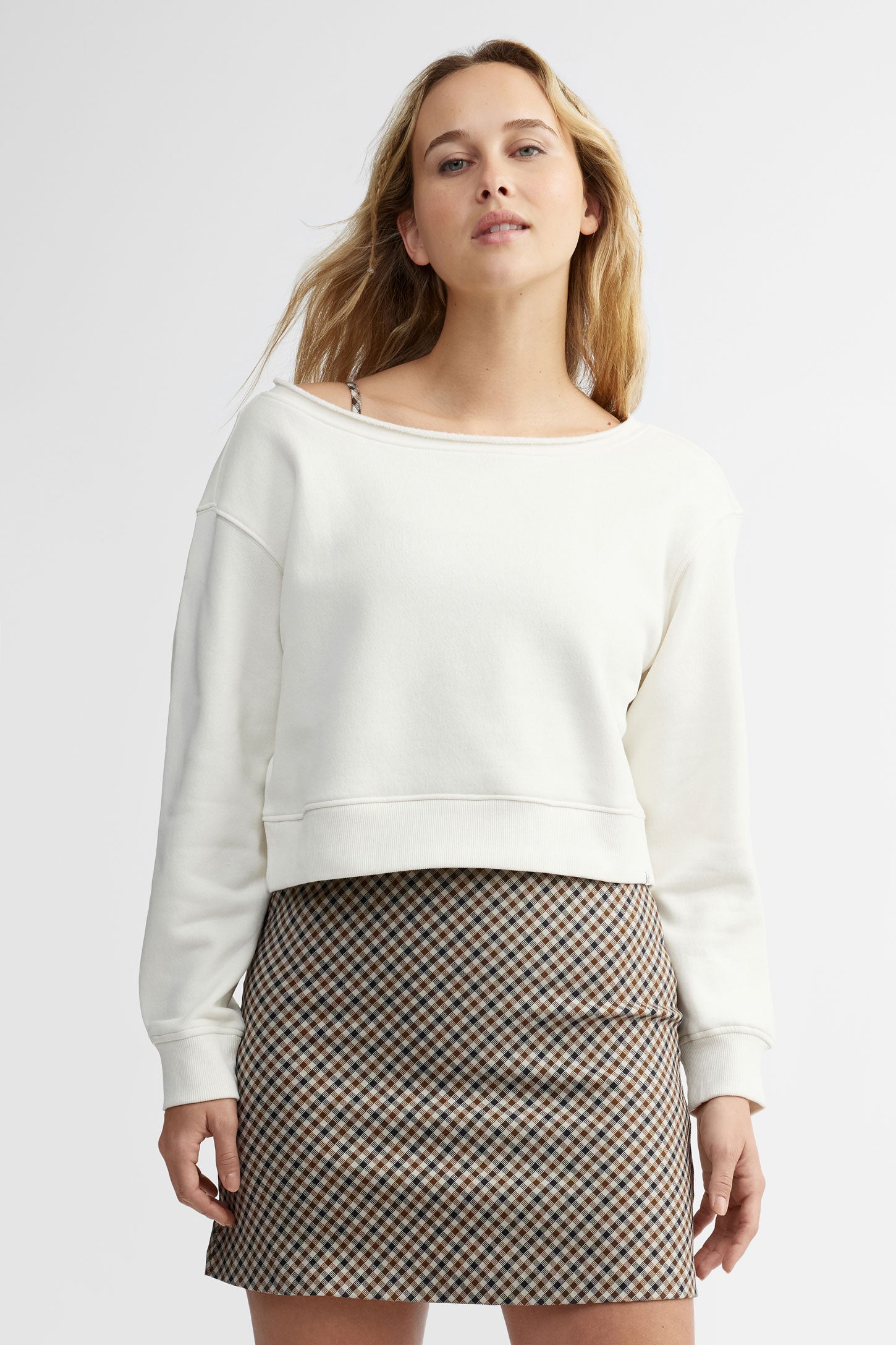 Chandail coupe écourtée coton ouaté - Femme && BLANC CASSÉ