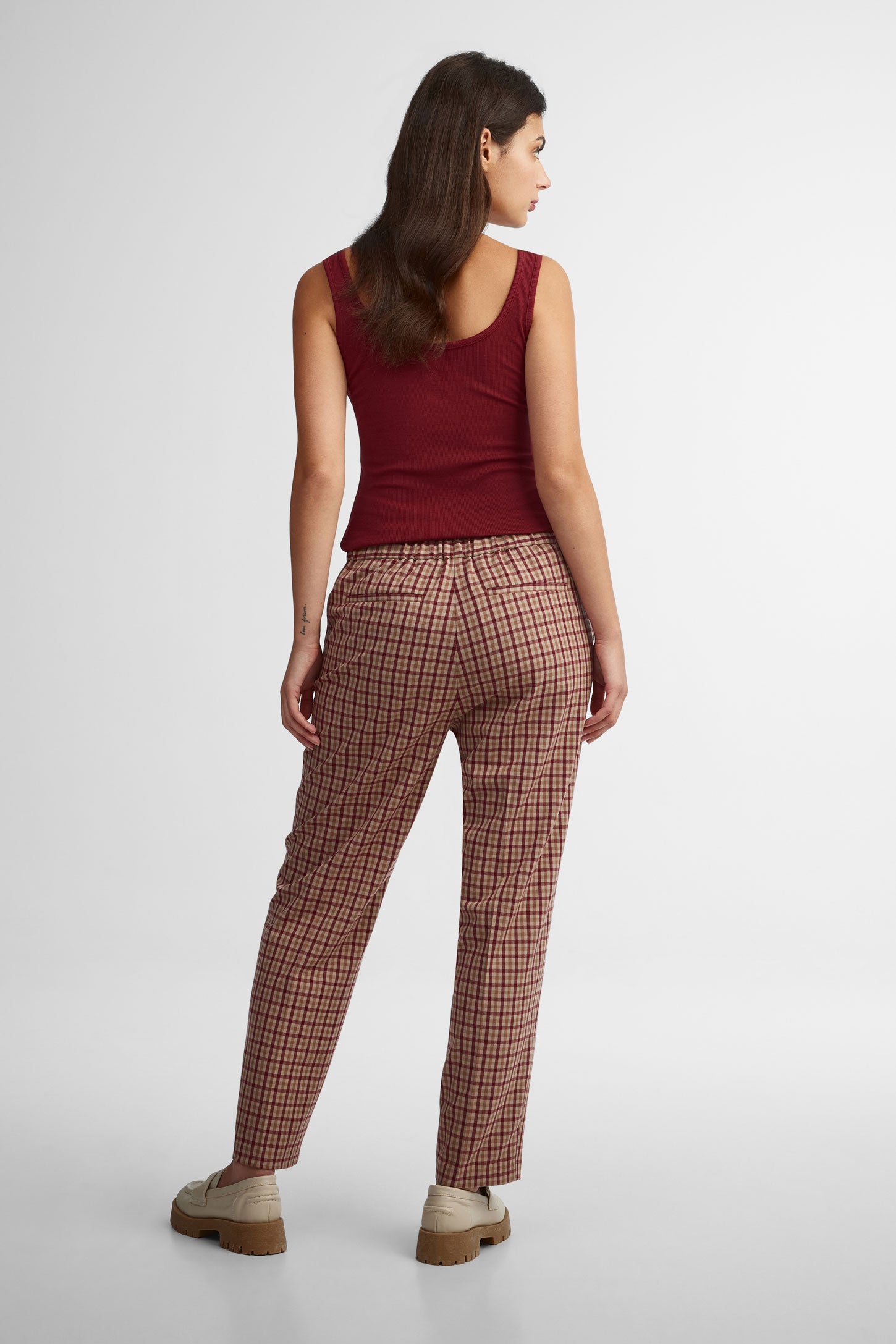 Pantalon à carreaux taille haute jambe fuselée - Femme && BRUN/MULTI
