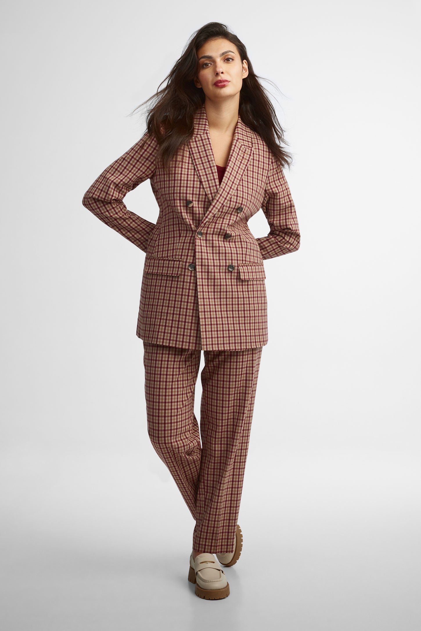 Pantalon à carreaux taille haute jambe fuselée - Femme && BRUN/MULTI