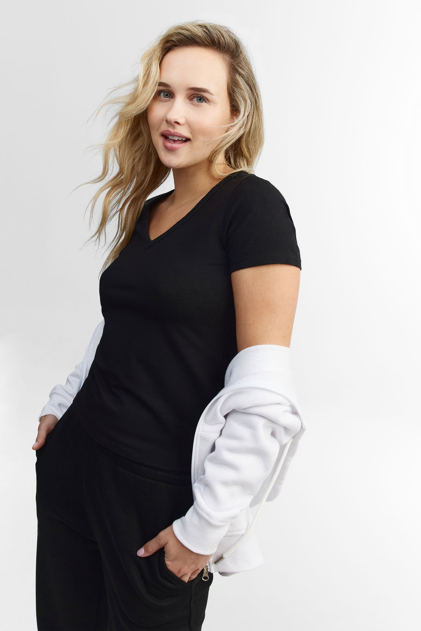 T-shirt col en V coton - Femme && NOIR