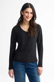 Chandail col en V manches longues coton - Femme && NOIR