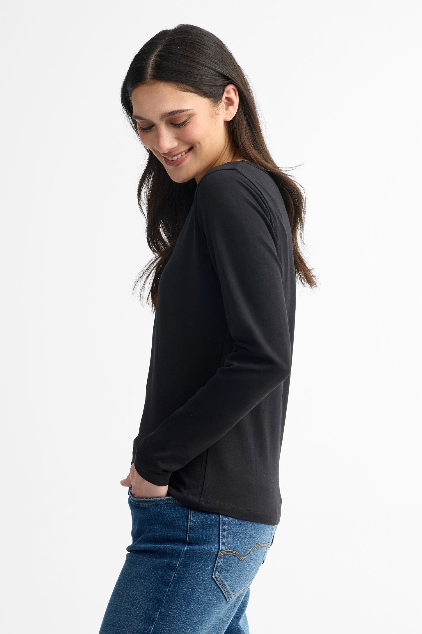 Chandail col en V manches longues coton - Femme && NOIR