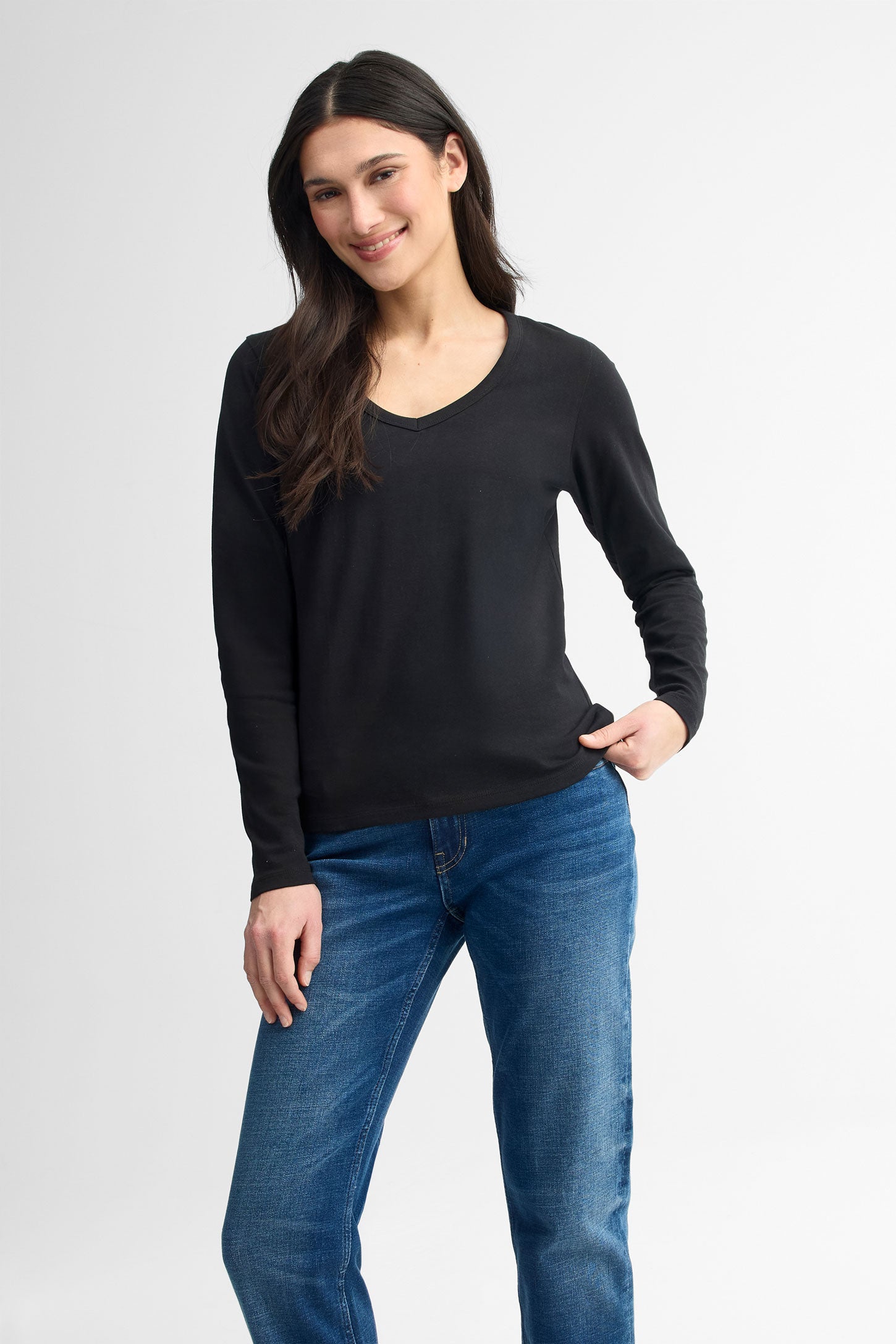 Chandail col en V manches longues coton - Femme && NOIR