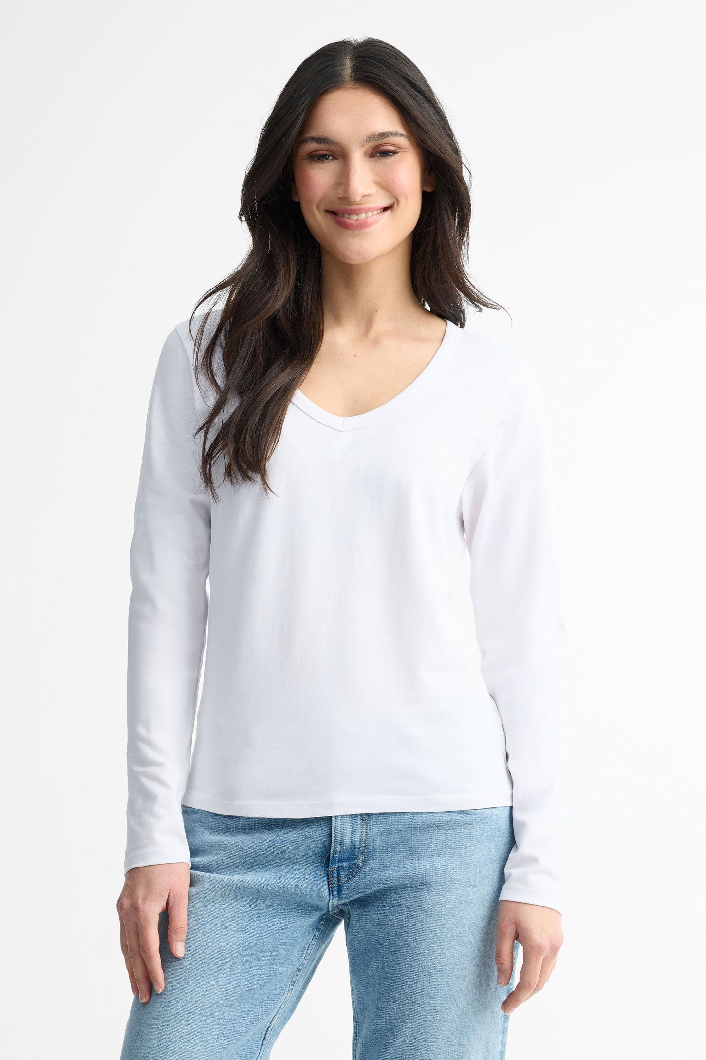 Chandail col en V manches longues coton - Femme && BLANC