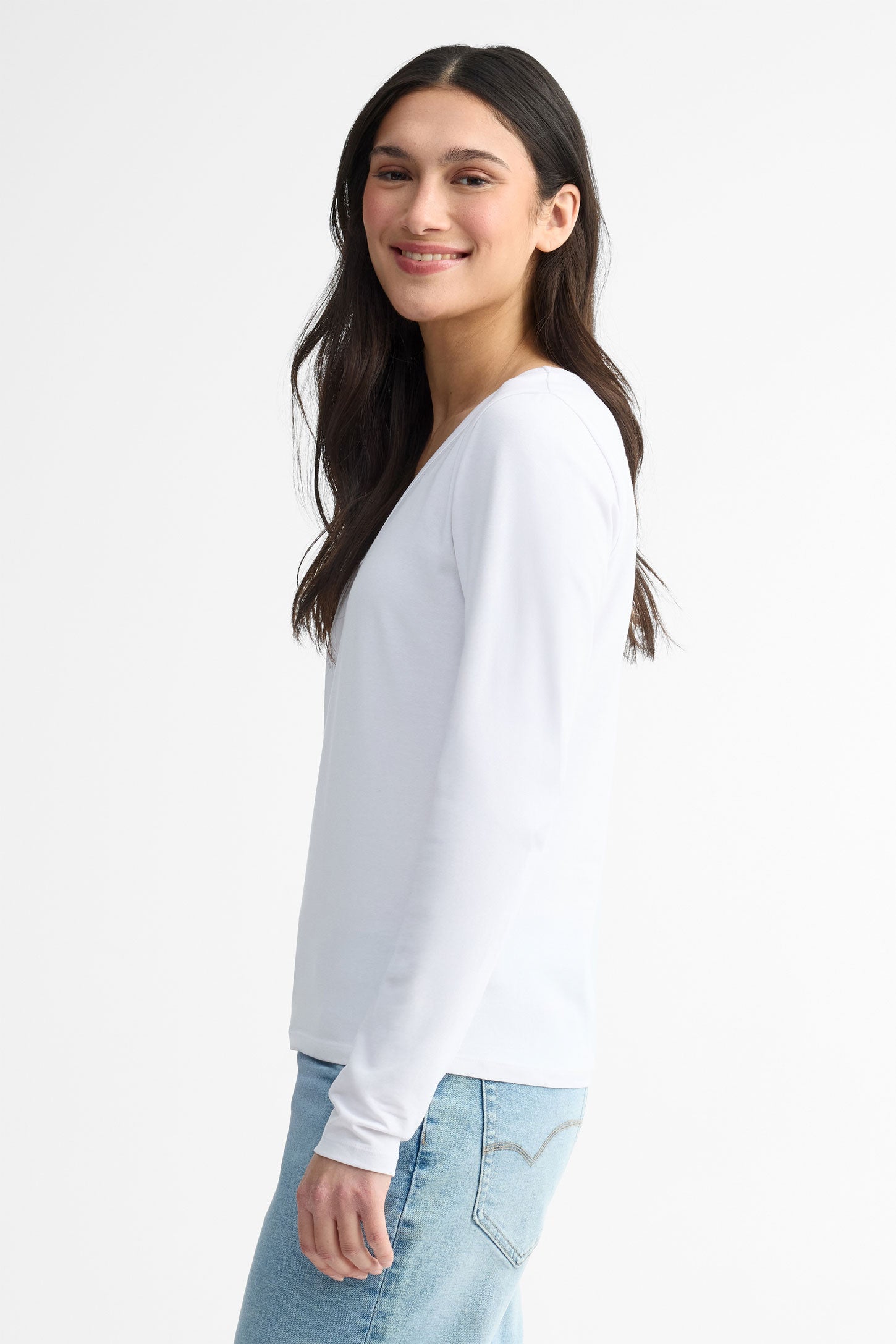Chandail col en V manches longues coton - Femme && BLANC