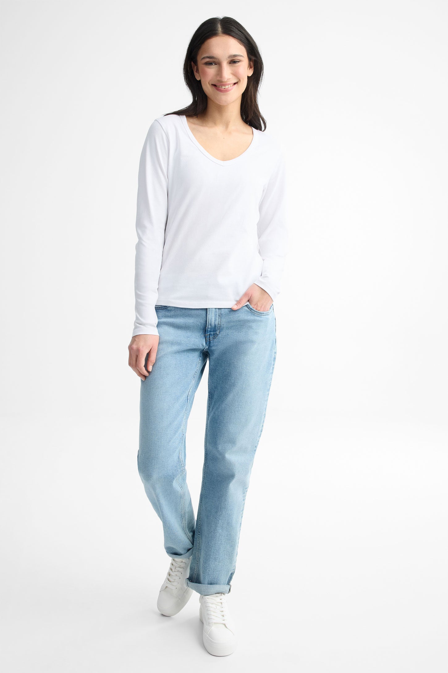 Chandail col en V manches longues coton - Femme && BLANC