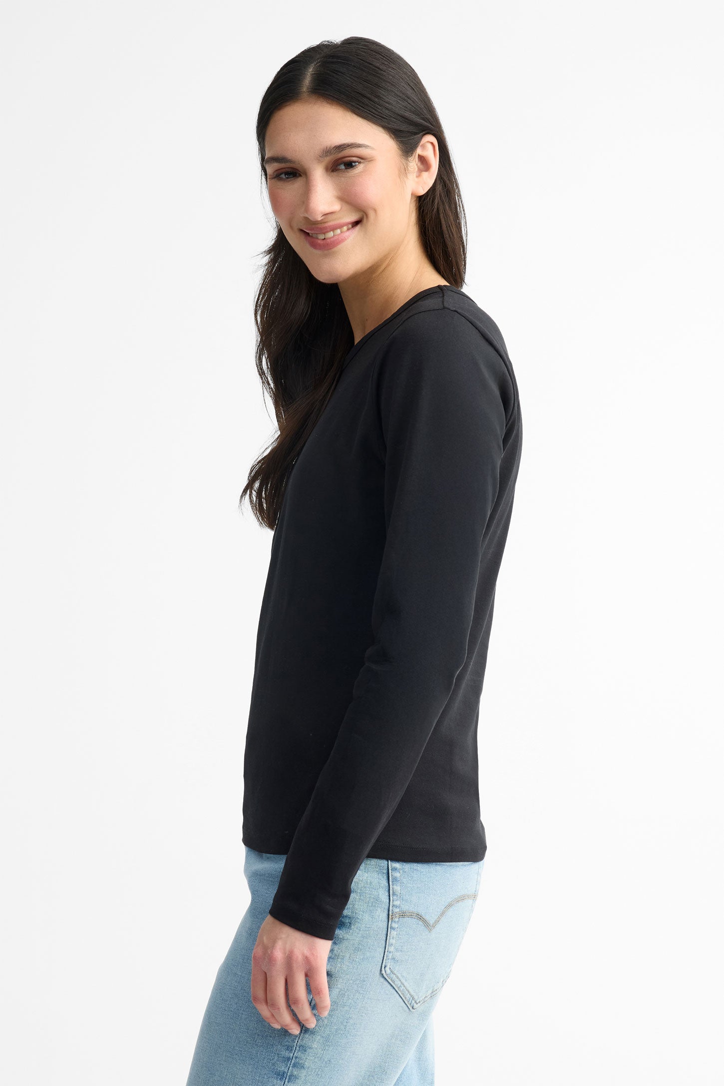 Chandail col rond manches longues coton - Femme && NOIR