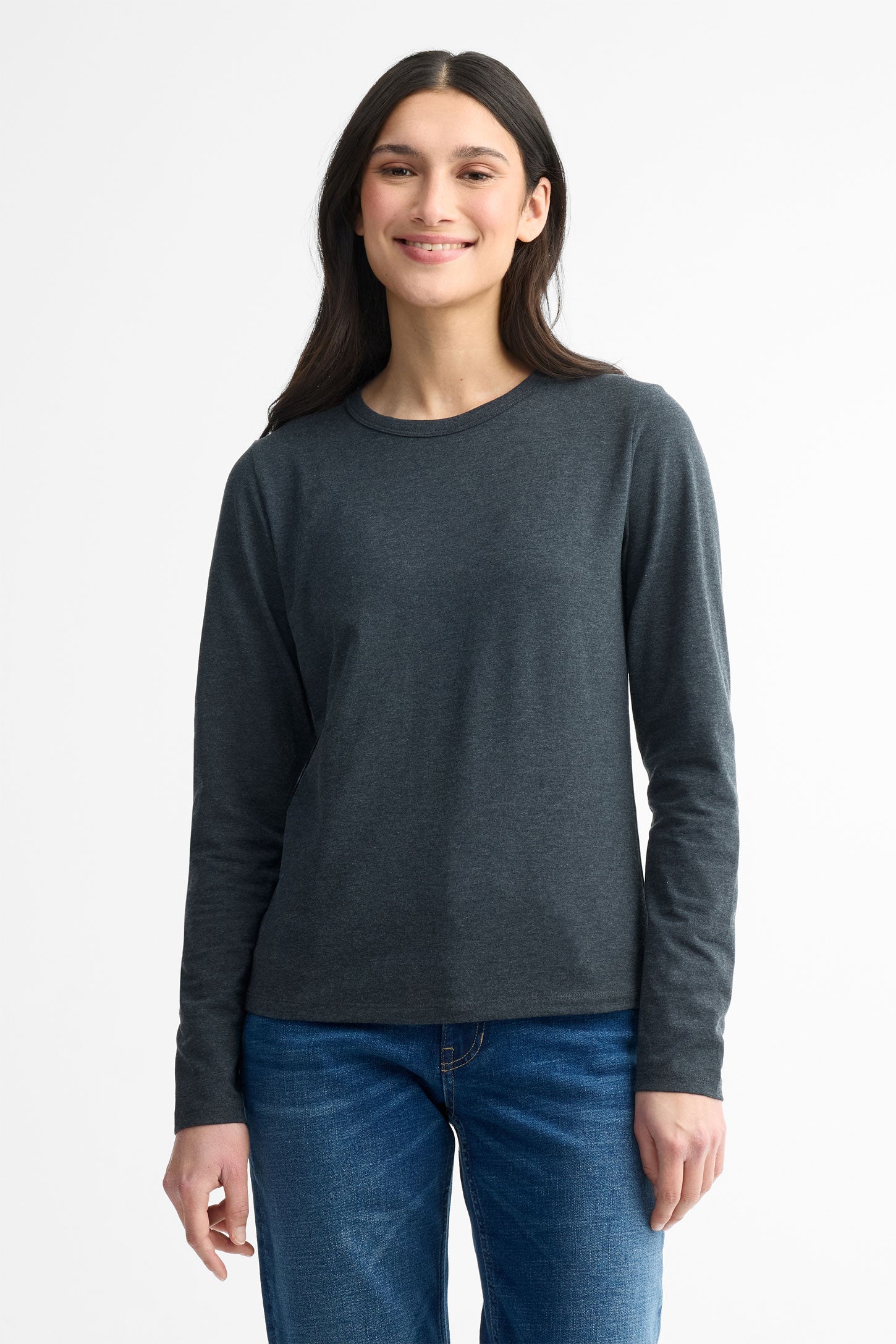 Chandail col rond manches longues coton - Femme && CHARBON MIXTE