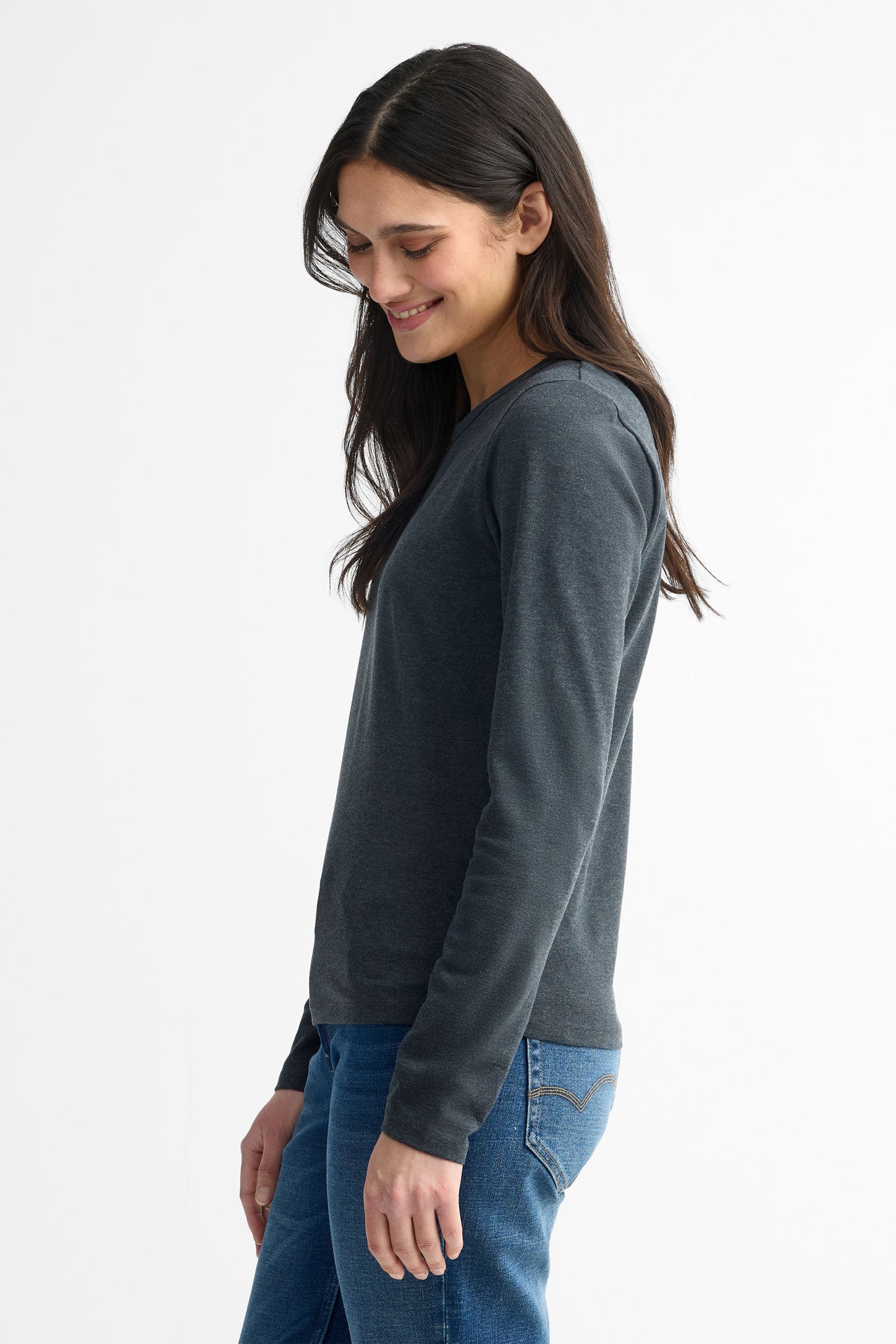 Chandail col rond manches longues coton - Femme && CHARBON MIXTE
