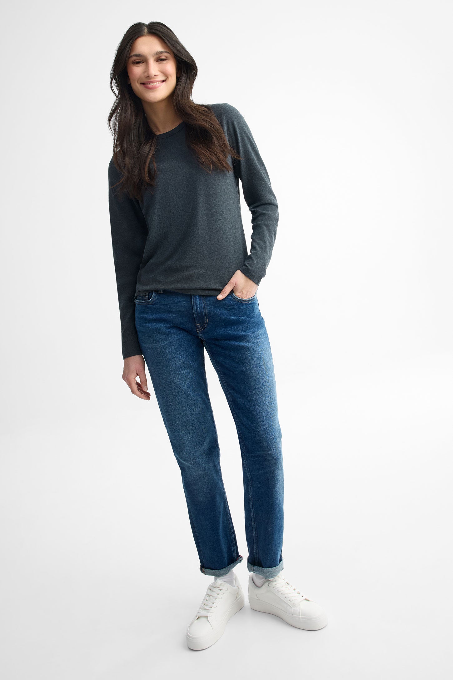 Chandail col rond manches longues coton - Femme && CHARBON MIXTE