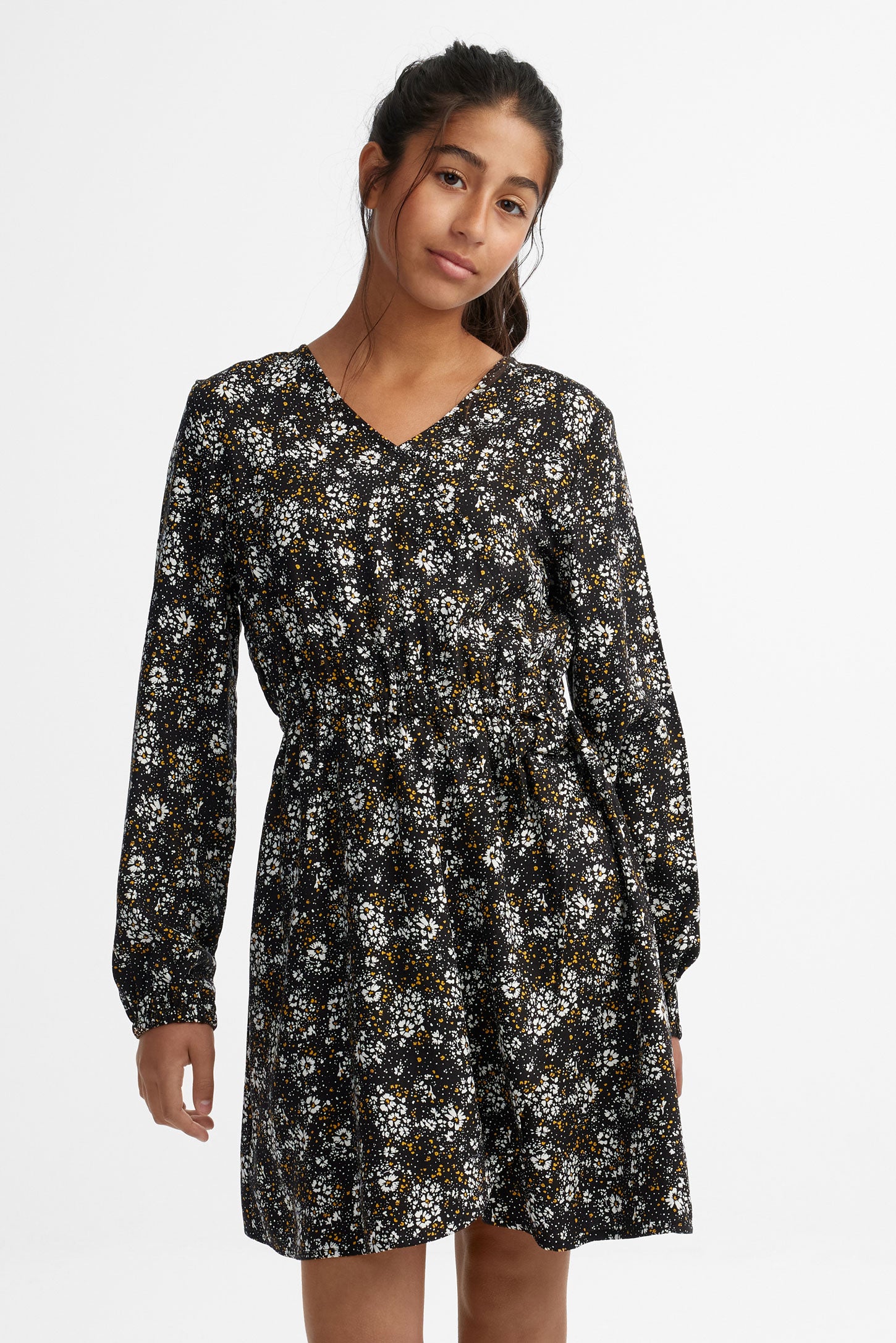 Robe cache-cœur manches longues - Ado fille && NOIR/MULTI