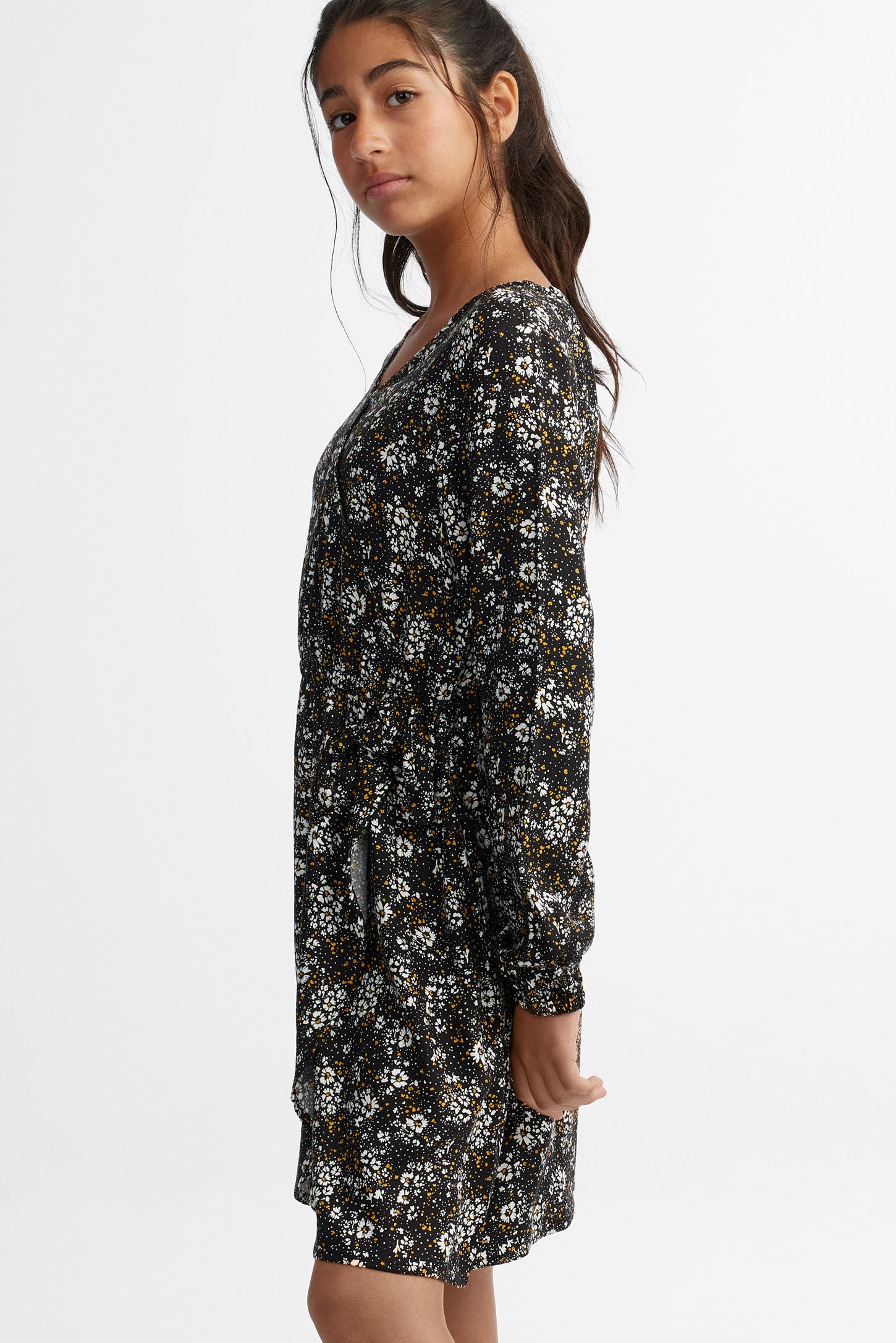 Robe cache-cœur manches longues - Ado fille && NOIR/MULTI