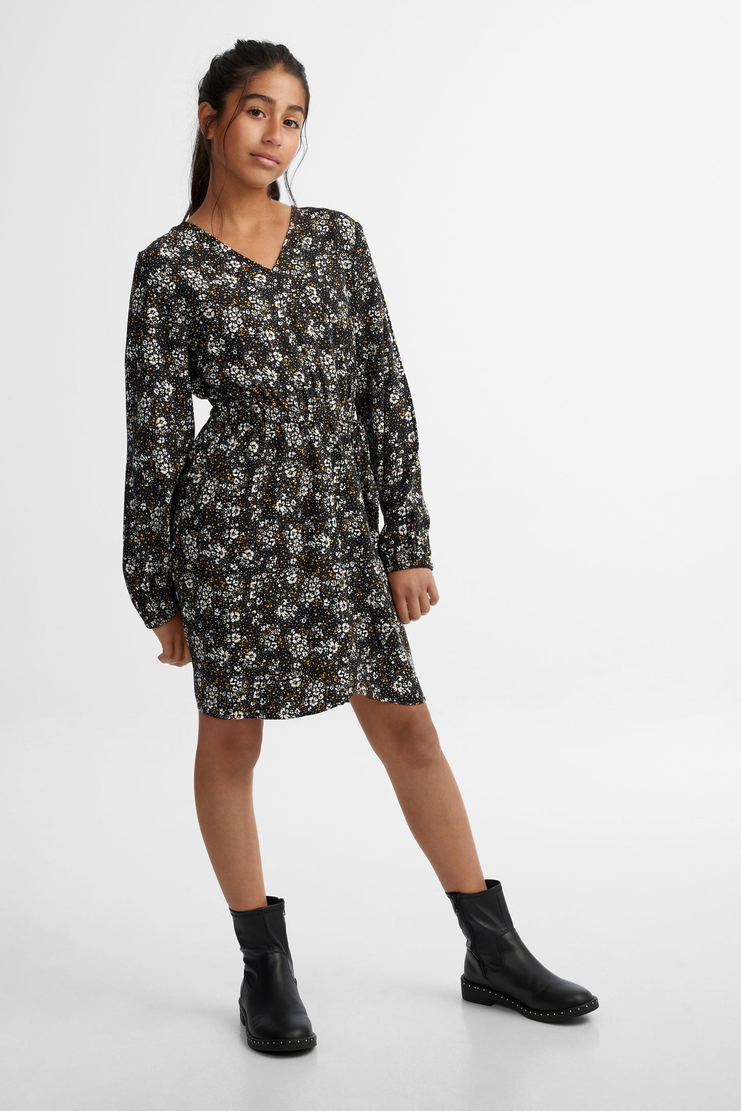 Robe cache-cœur manches longues - Ado fille && NOIR/MULTI