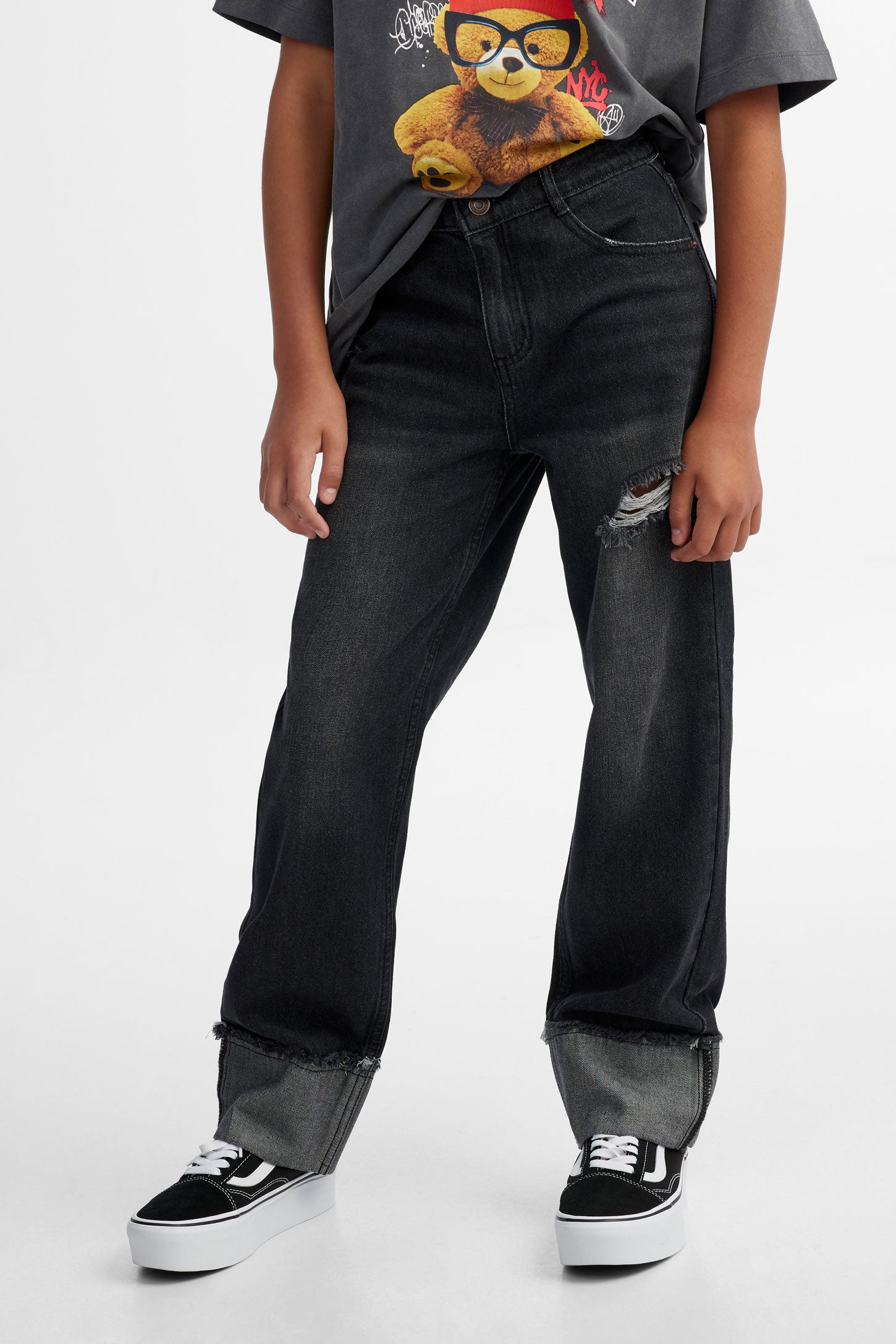 Jeans jambe droite à revers large - Ado fille && NOIR