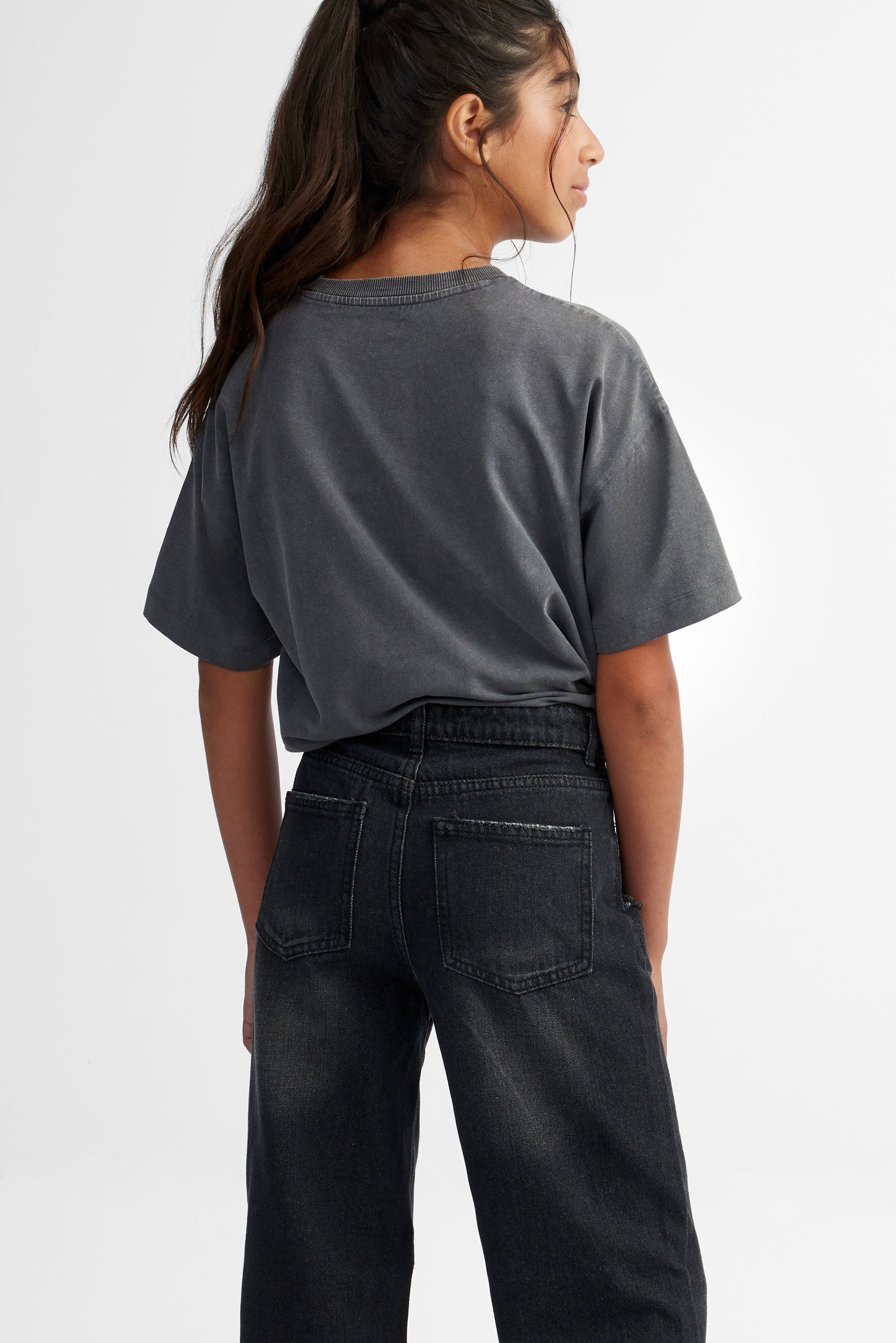 Jeans jambe droite à revers large - Ado fille && NOIR