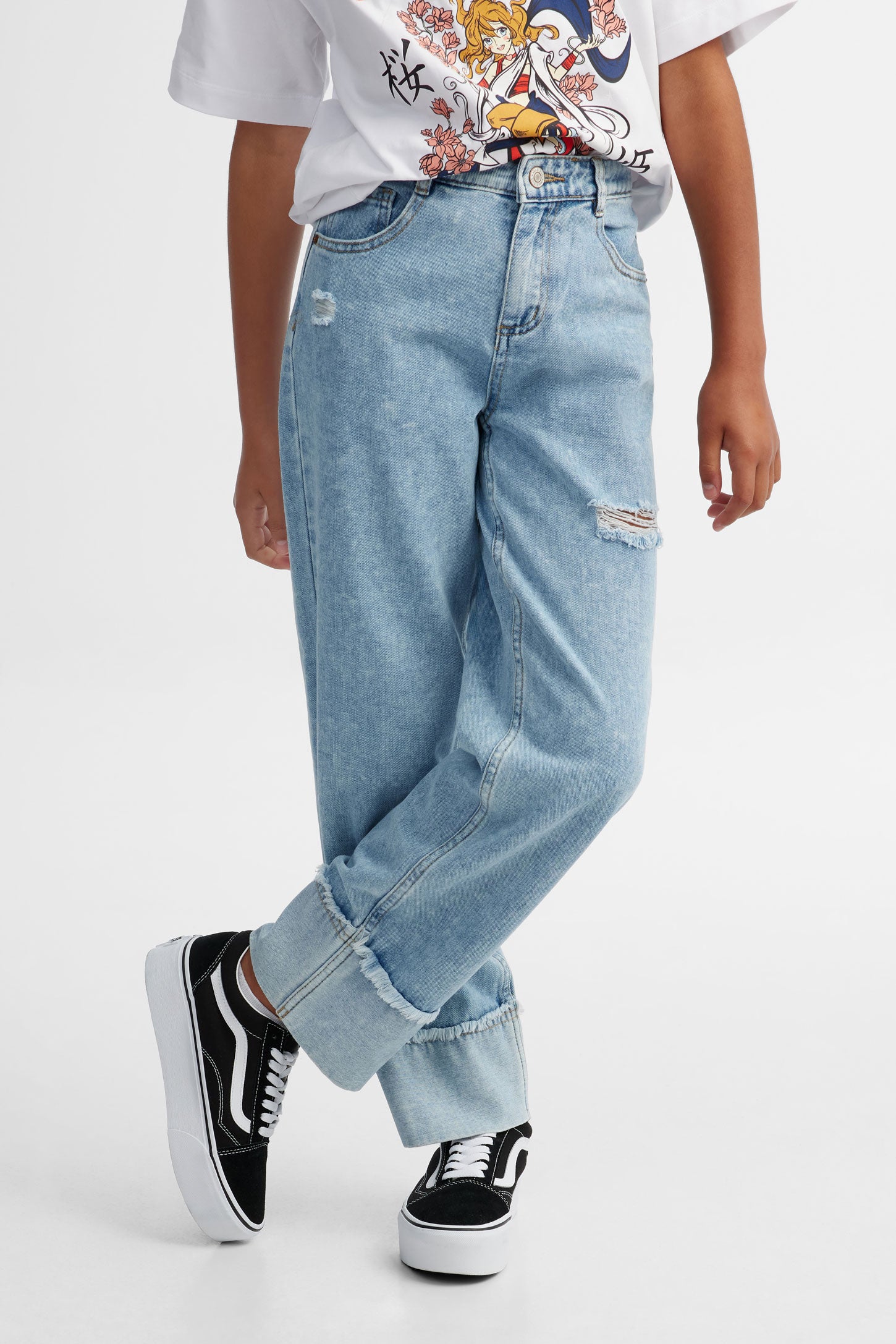 Jeans jambe droite à revers large - Ado fille && BLEU PALE