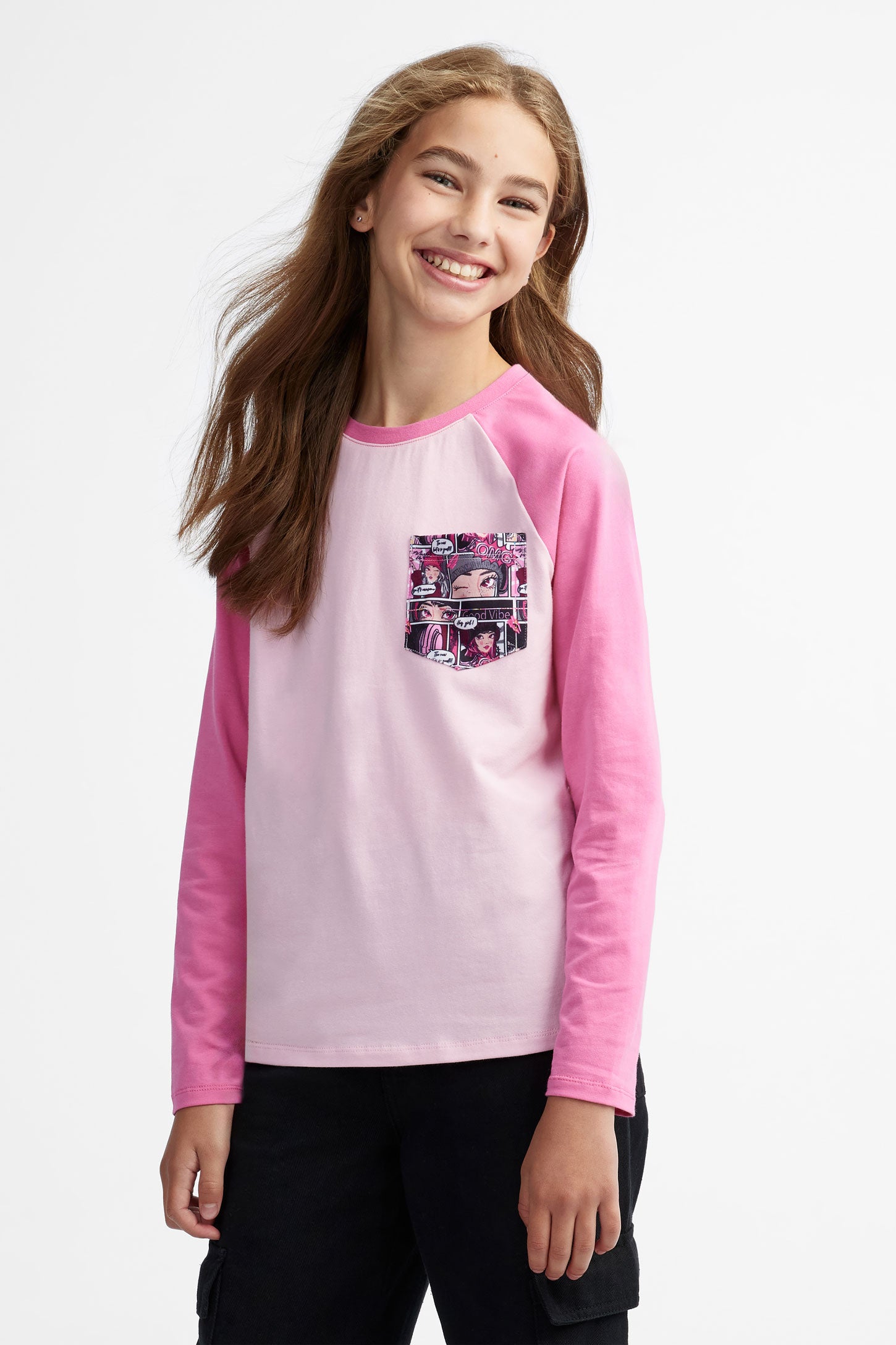 T-shirt manches longues à poche, 2/25$ - Ado fille && ROSE MULTI