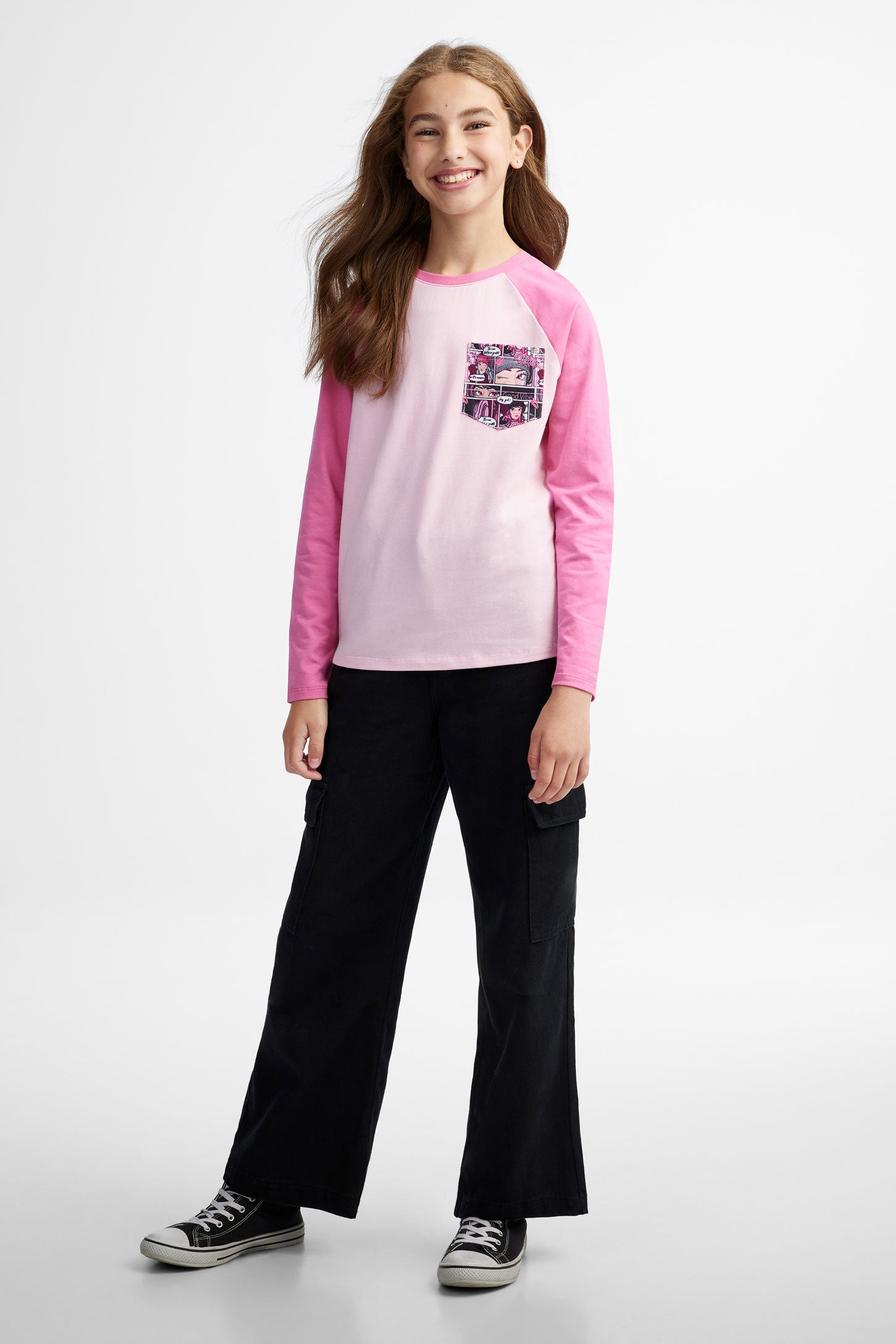 T-shirt manches longues à poche, 2/25$ - Ado fille && ROSE MULTI