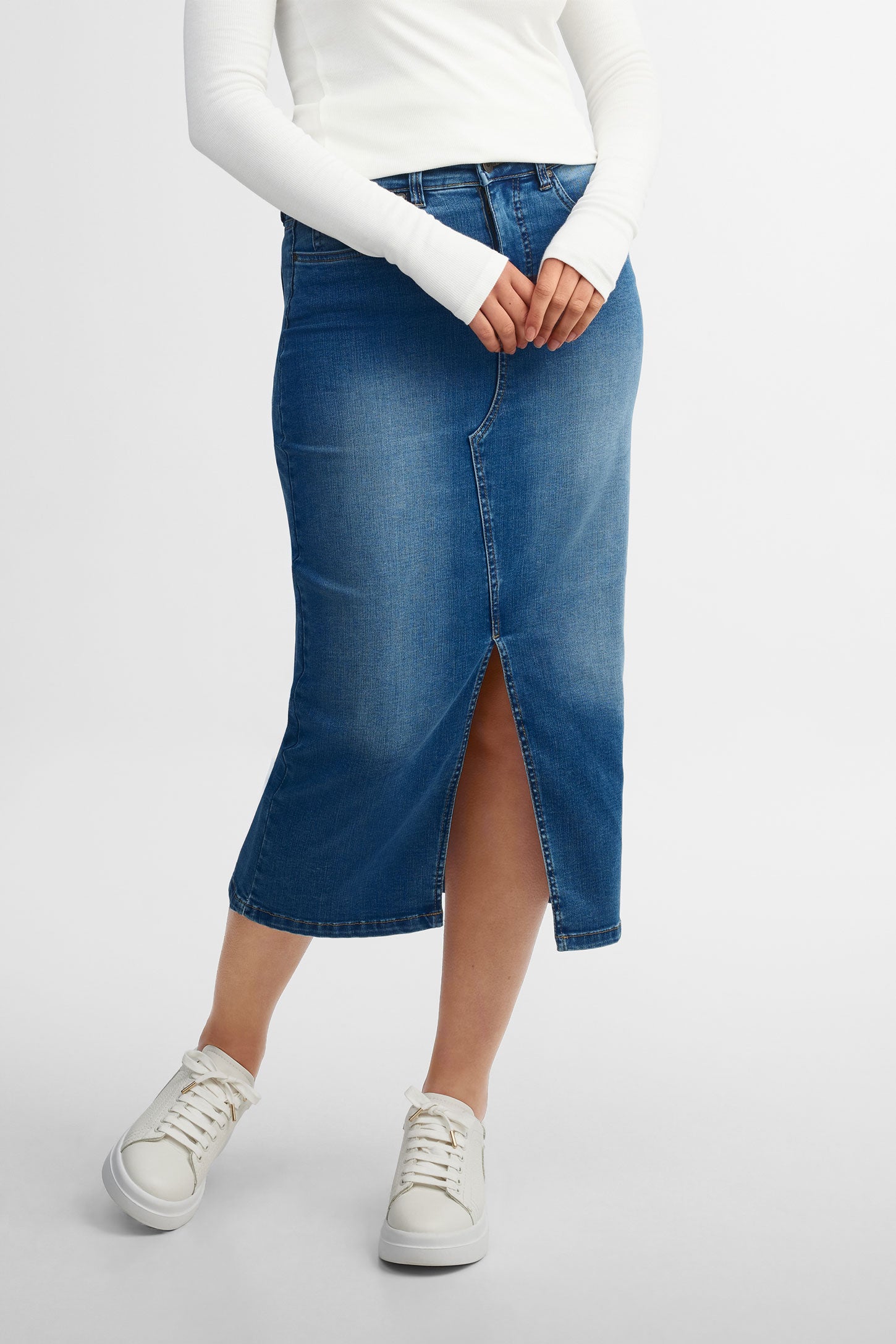 High waisted denim skirt with belt hotsell