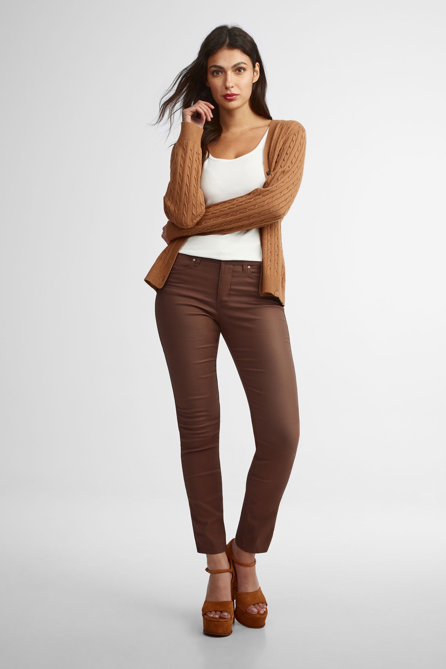Jeans taille mi-haute coupe ajustée - Femme && BRUN