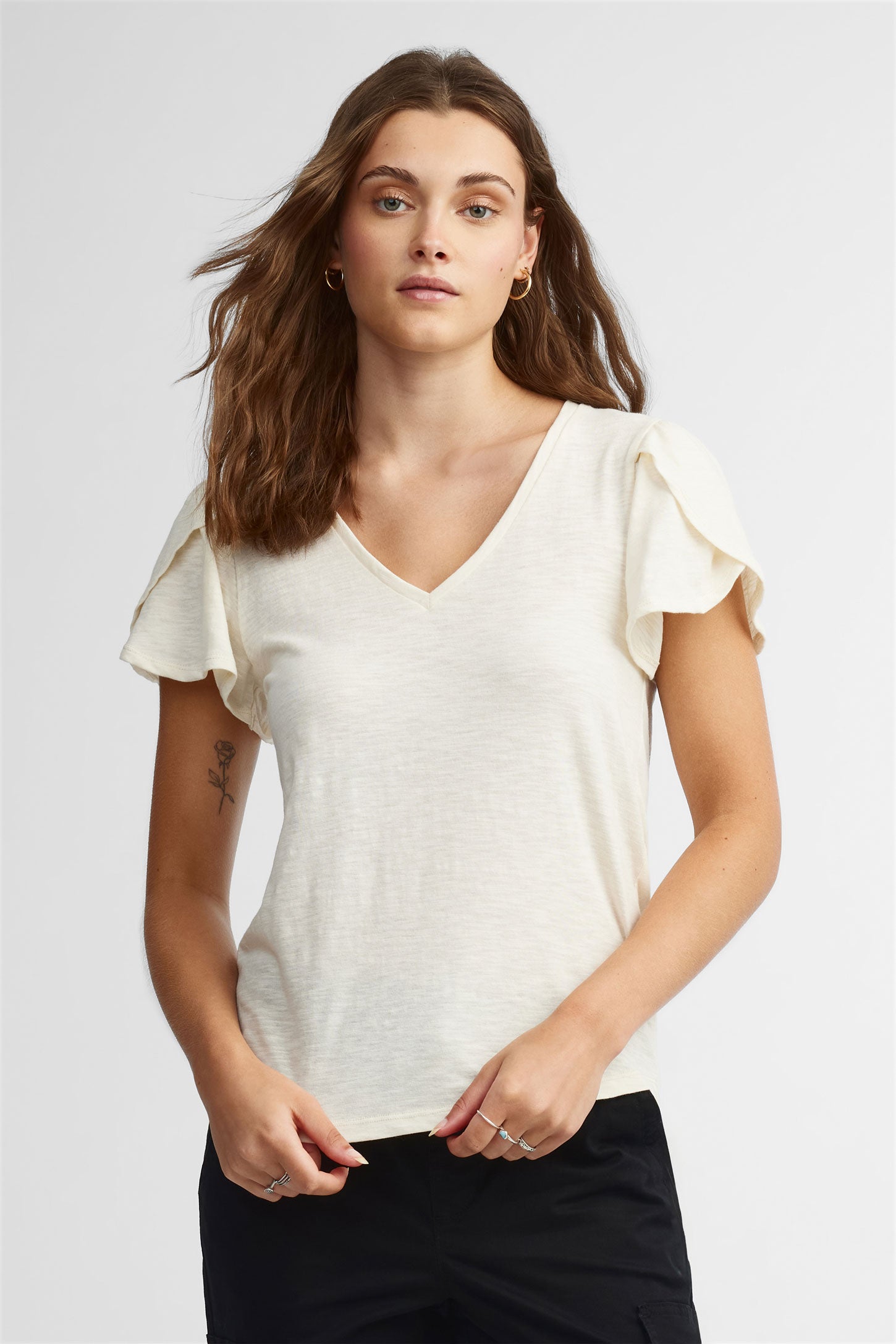 T shirt col en V manches courtes tulipe coton Femme